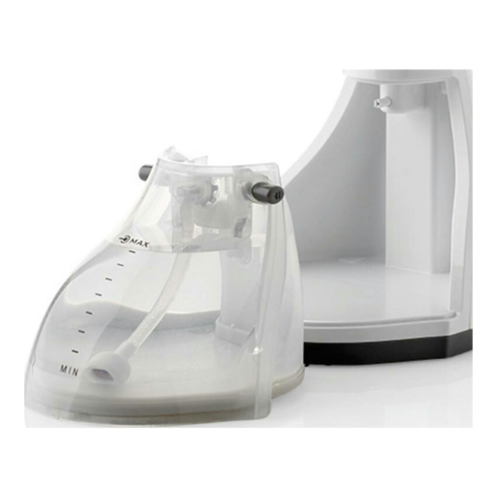Cepillo de vapor de mano Ariete, blanco y transparente, vista frontal en primer plano.