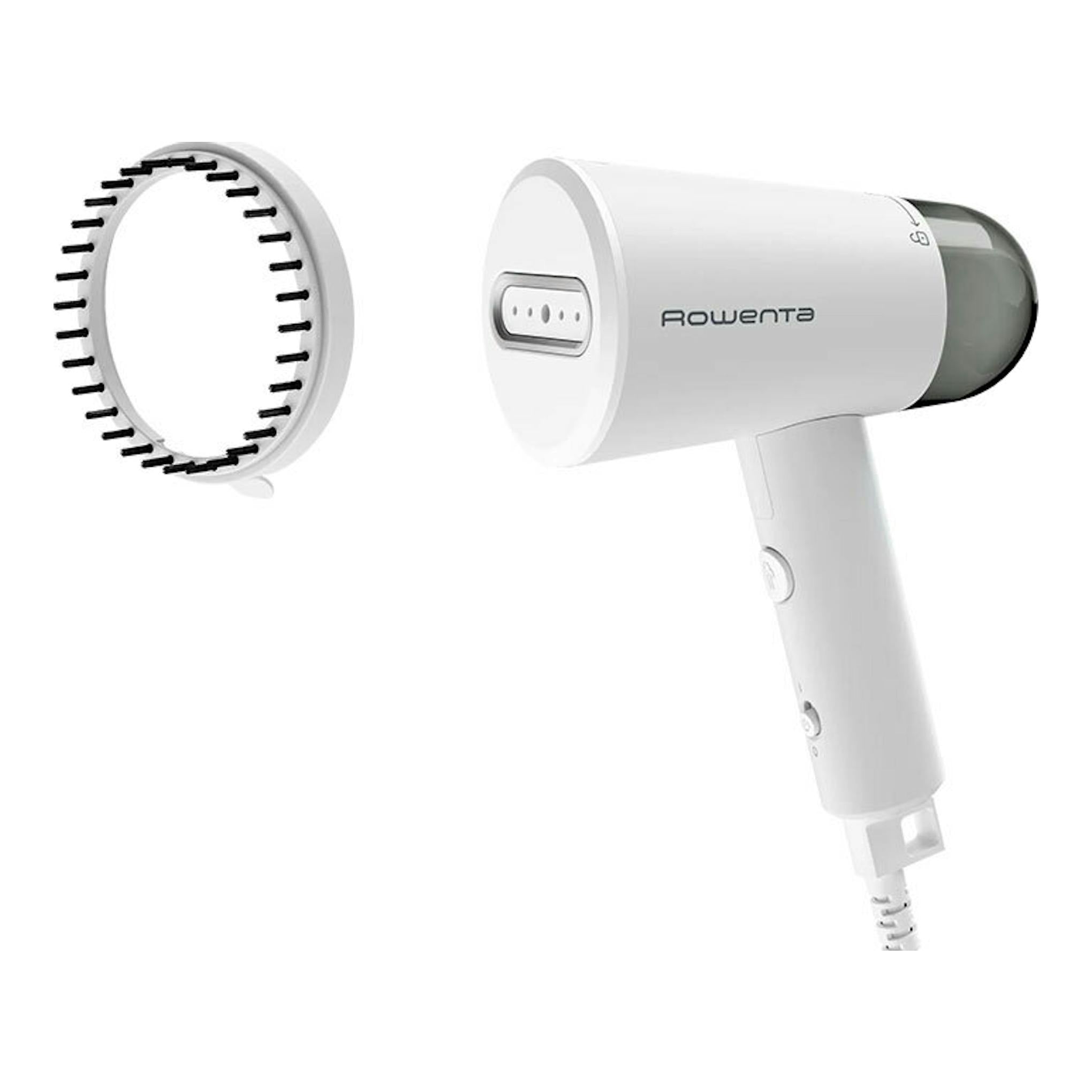 Cepillo de vapor Rowenta DR1021D1 blanco, vista frontal y lateral, con cabezal circular desmontable.