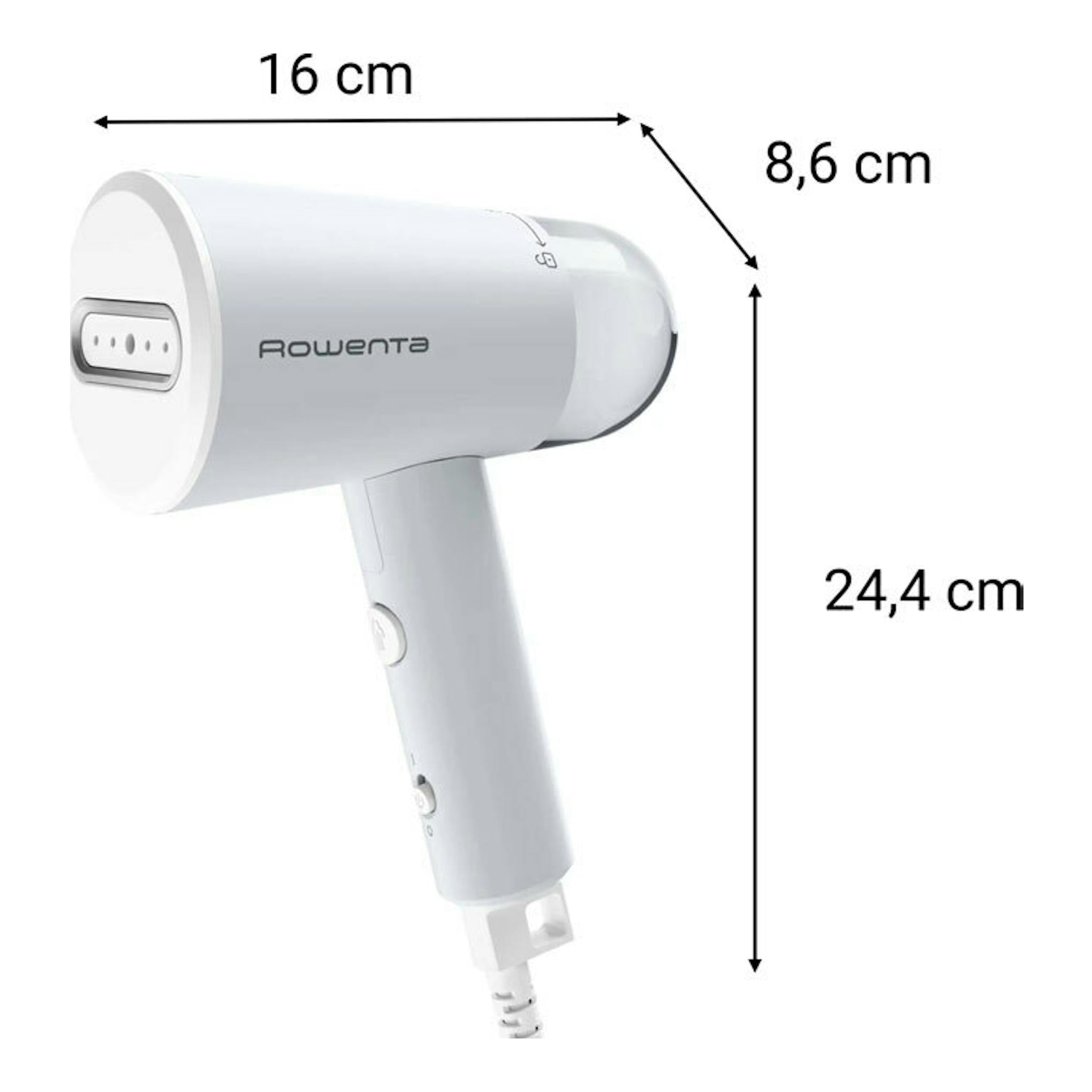 Cepillo vaporizador Rowenta DR1021D1 blanco, vista lateral, con medidas 24,4 x 16 x 8,6 cm.