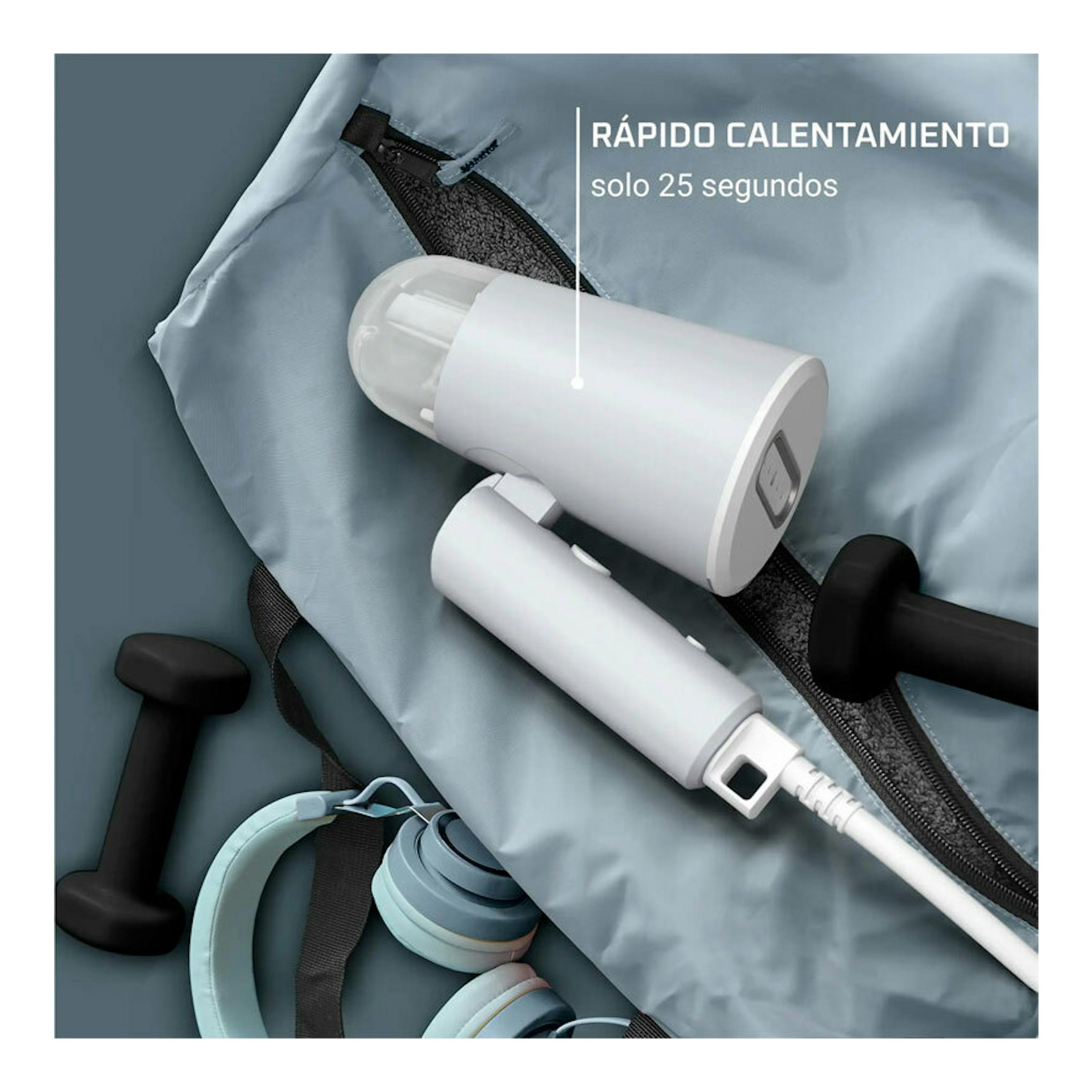 Cepillo de vapor Rowenta DR1021D1 blanco sobre prenda azul, vista en ángulo, con texto “Rápido calentamiento”.