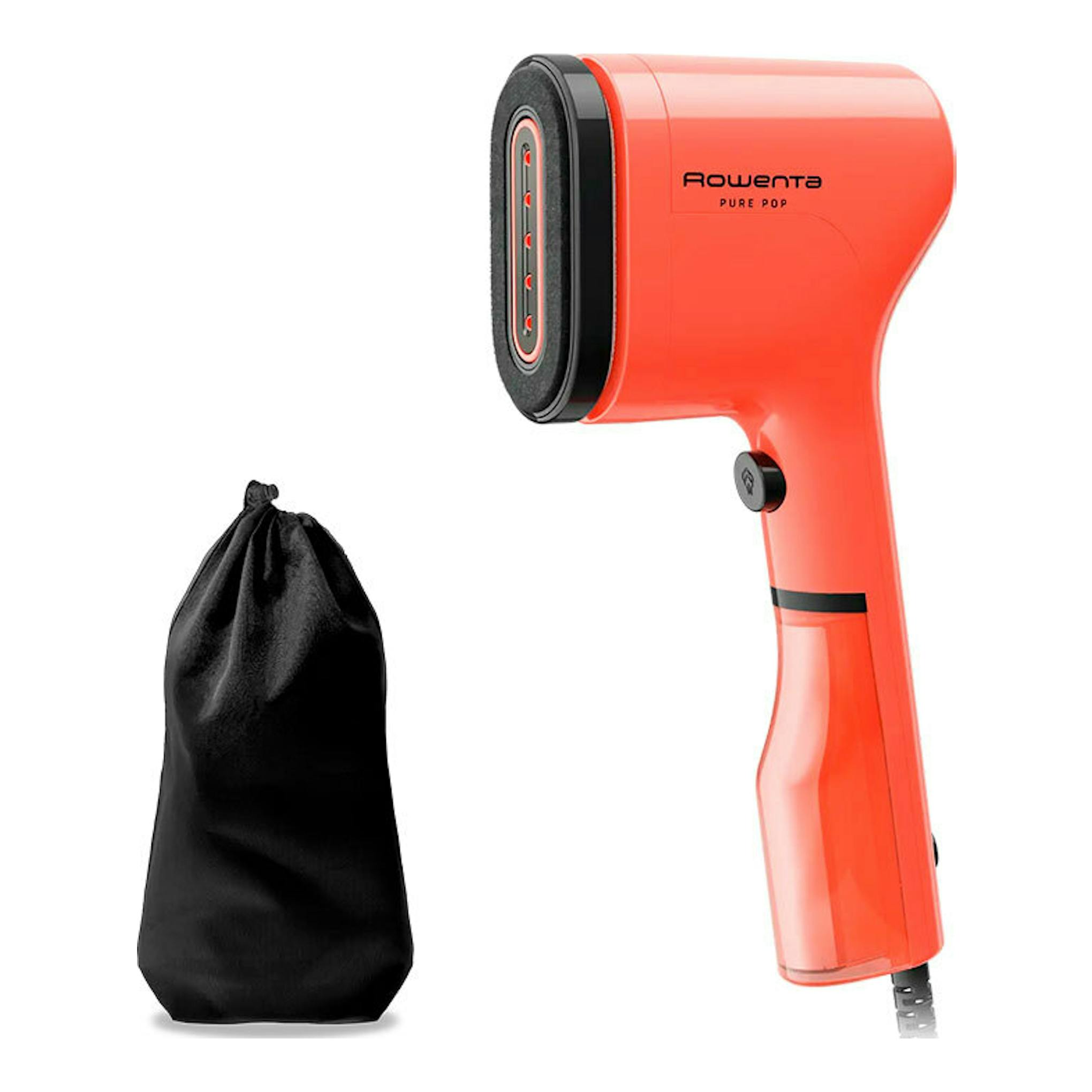 Cepillo vapor Rowenta Pure Pop DR2022D1 naranja, vista lateral, con bolsa negra