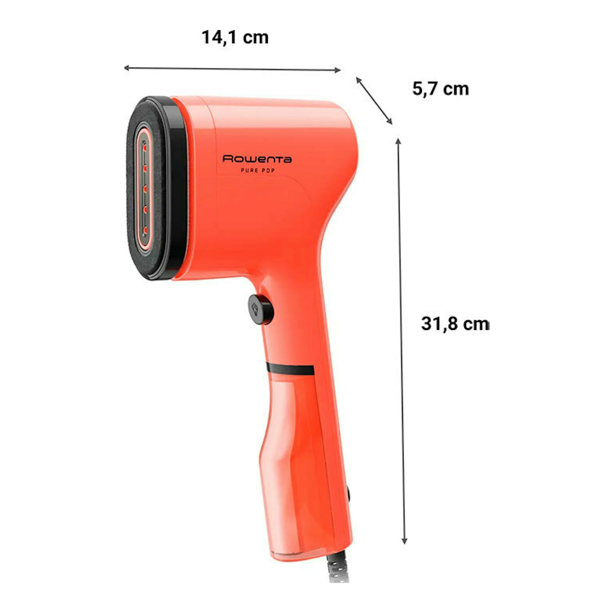Vaporizador de mano Rowenta Pure Pop naranja, vista lateral, con medidas 31,8 x 14,1 x 5,7 cm.