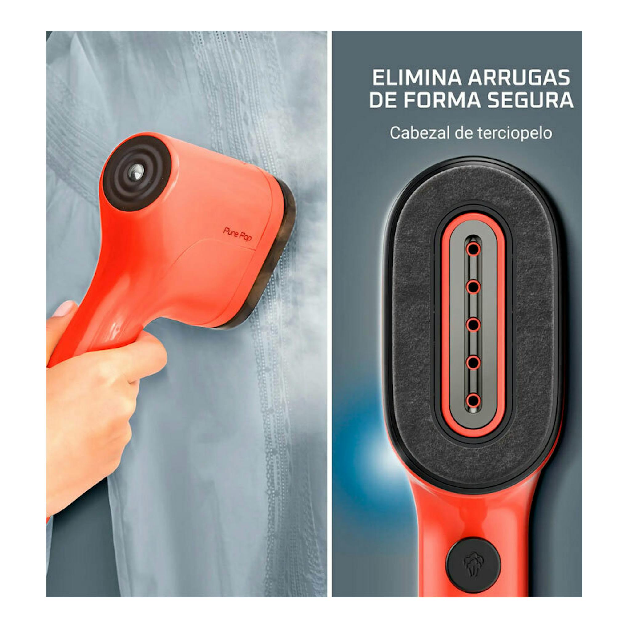 Cepillo vapor Rowenta Pure Pop DR2022D1 rojo, usado sobre una prenda; a la derecha, vista frontal del cabezal.