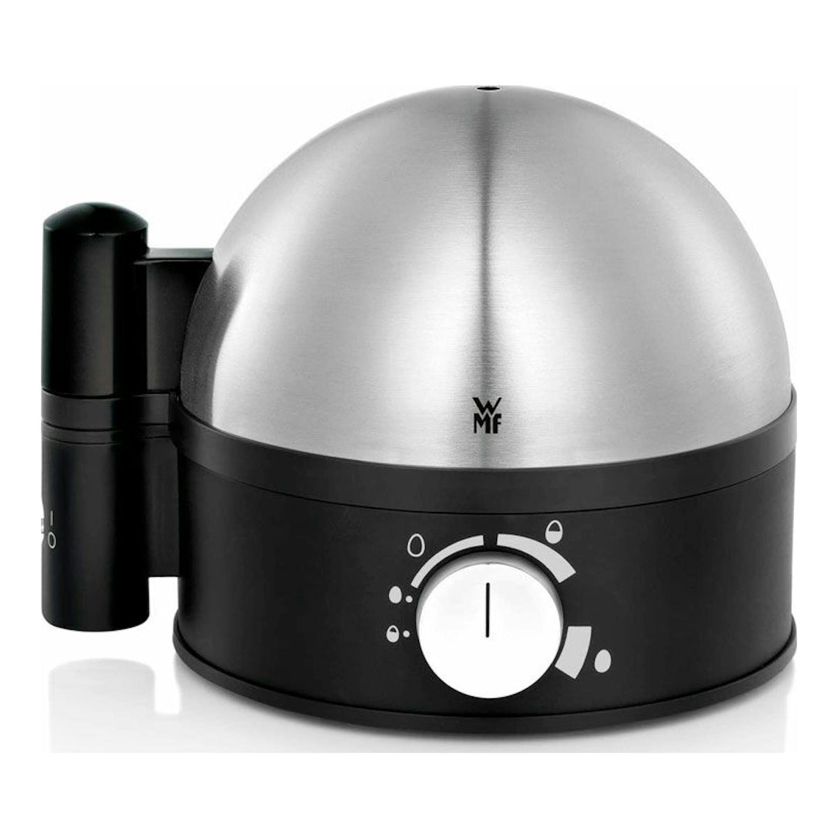 WMF STELIO cocedora de huevos en vista frontal, base negra y cúpula de acero inoxidable.