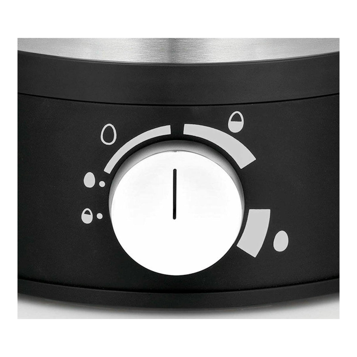 Primer plano del mando de la cocedora de huevos WMF Stelio, negro y blanco, con selector central.