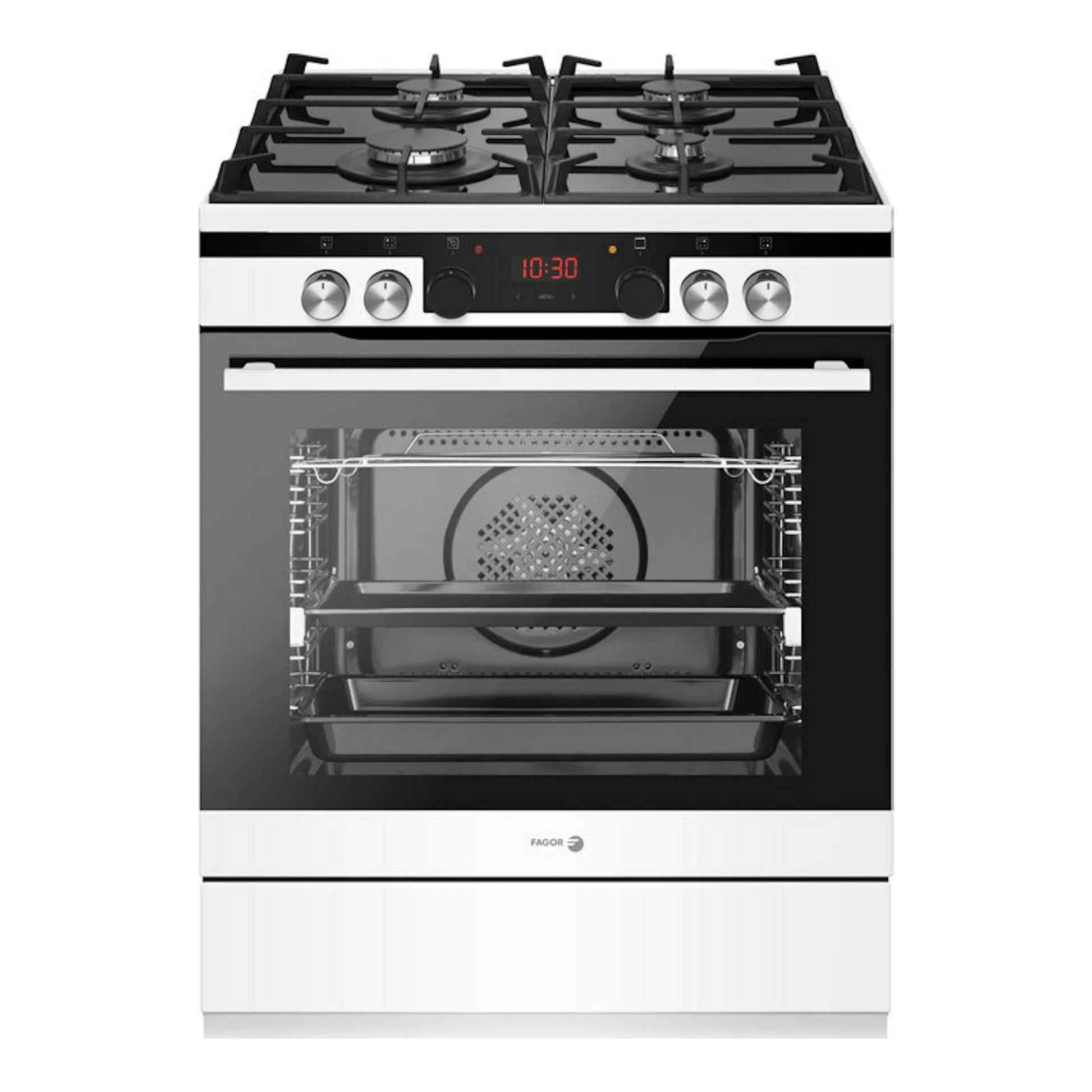 Cocina Fagor 3CLG610BB blanca y negra, vista frontal, con 4 fuegos y horno con puerta de cristal.