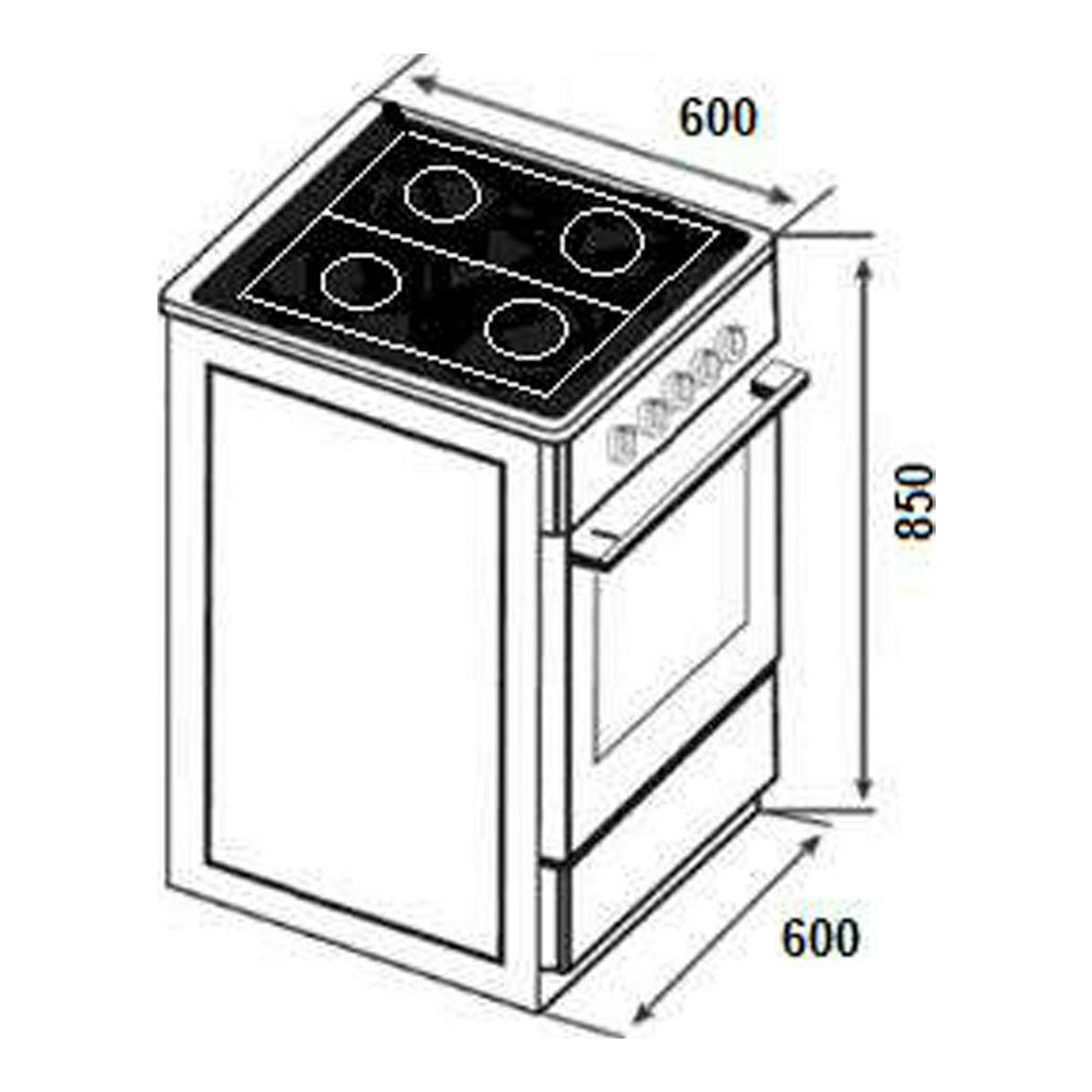 Cocina Fagor 3CLG610BB en vista isométrica, blanca y negra, con cuatro fuegos y medidas 600 x 600 x 850 mm.