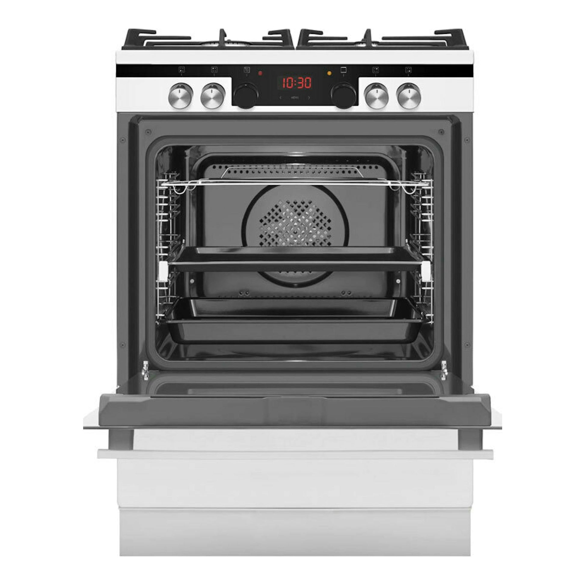 Cocina Fagor 3CLG610BB de 60 cm, vista frontal con horno abierto, mandos plateados y encimera de gas.