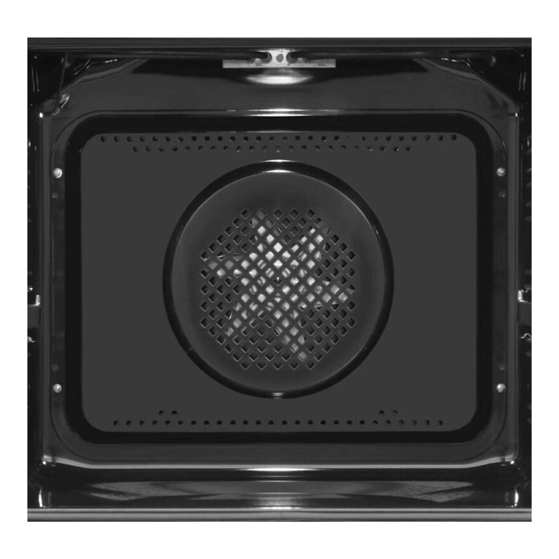 Interior de horno negro Fagor 3CLG610BB, vista frontal, con ventilador circular en la pared trasera.