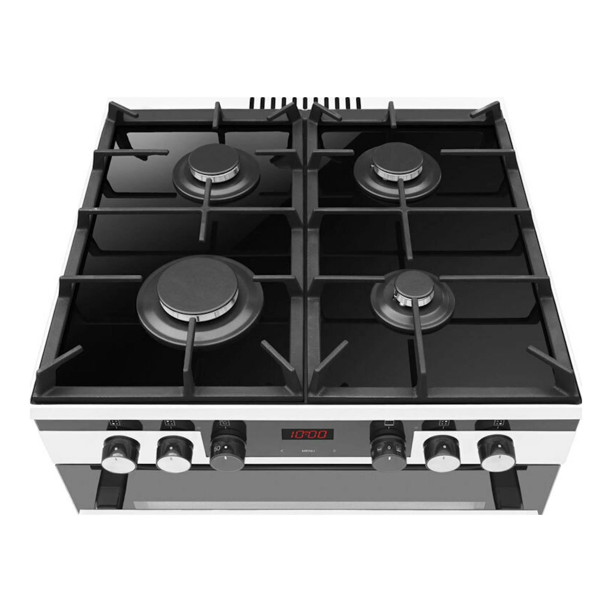 Fagor 3CLG610BB: cocina de gas negra de 60 cm, vista frontal, con cuatro fuegos y horno con panel digital.