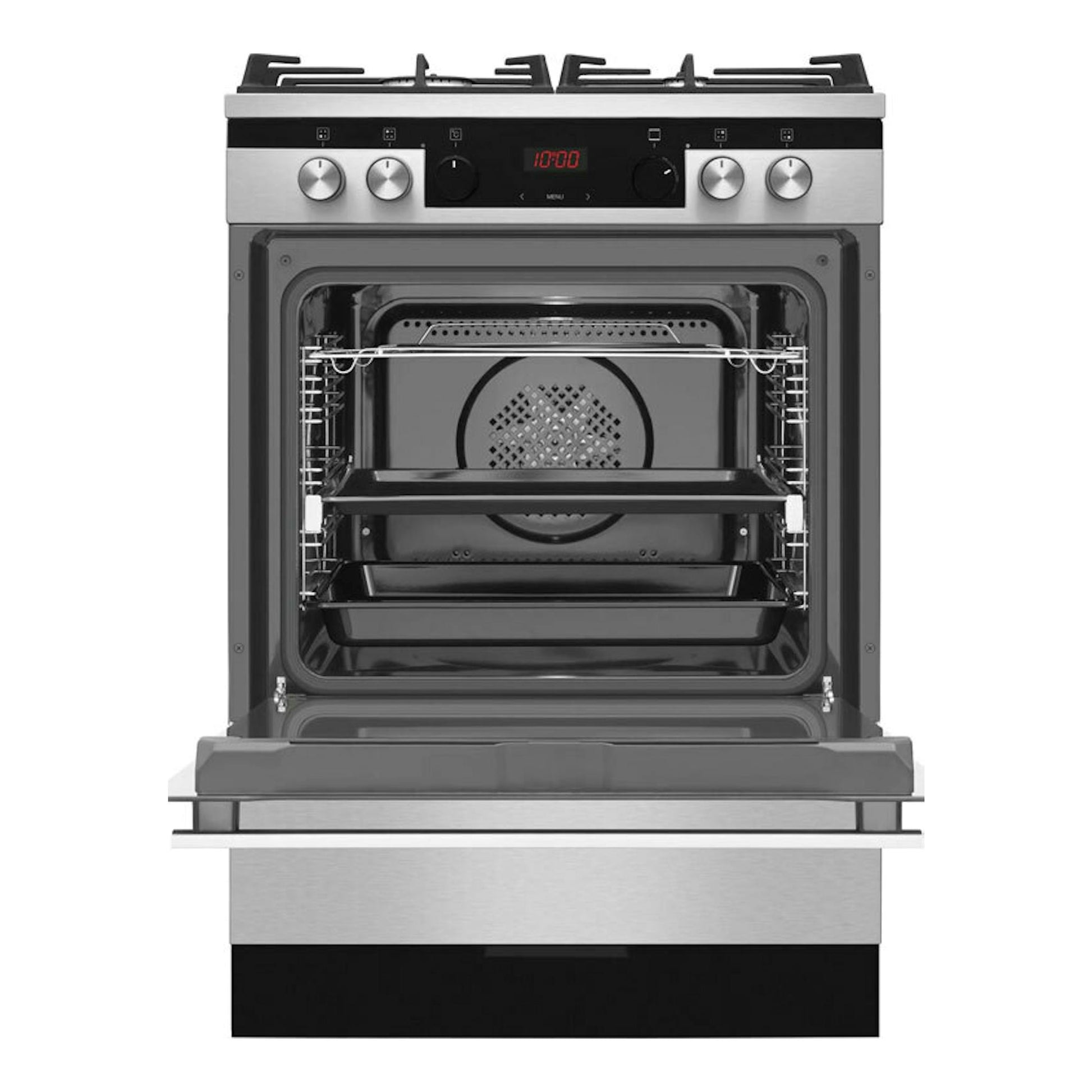 Cocina Fagor 3CLG610BX de 60 cm, vista frontal, en acero inoxidable, con horno abierto y panel digital.