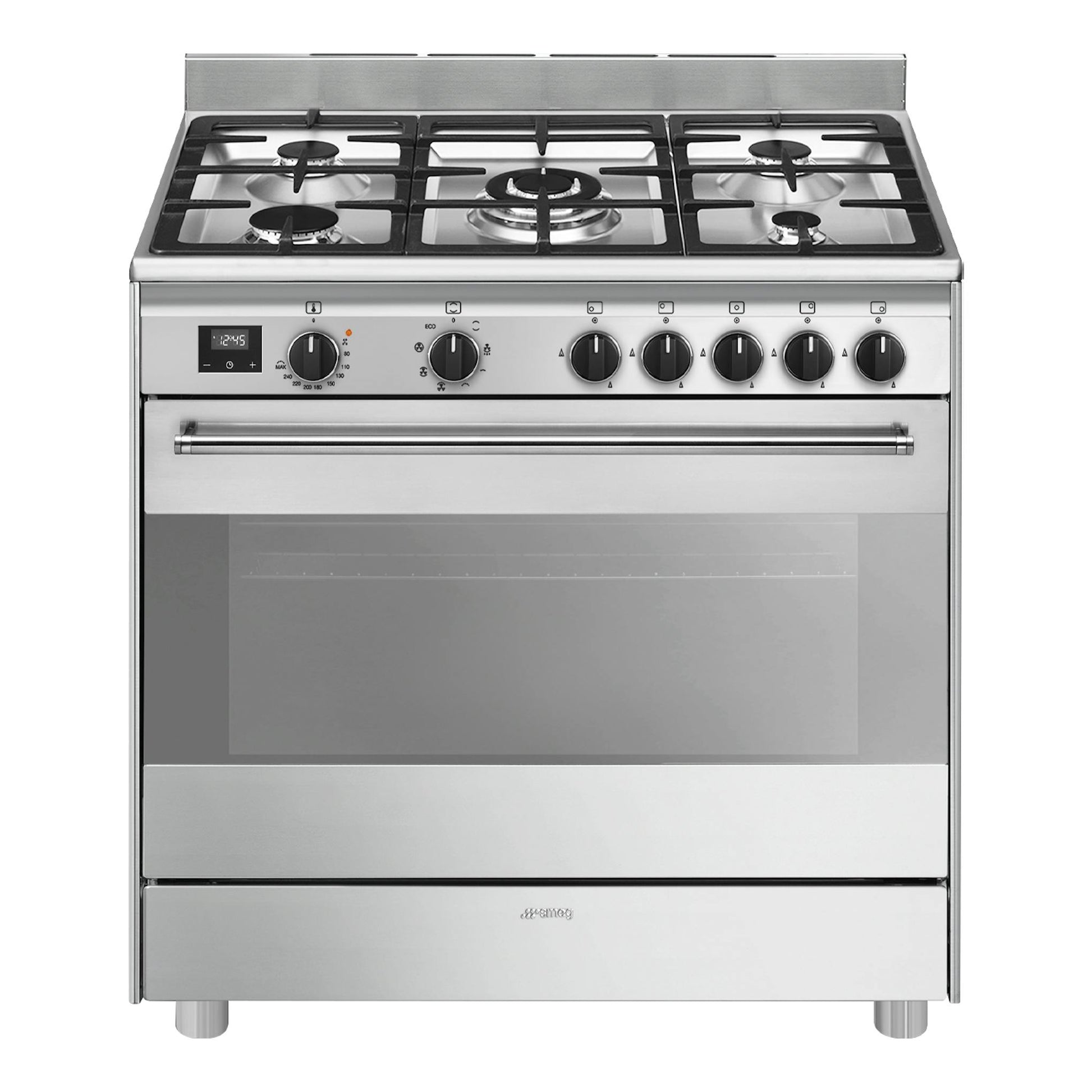 Cocina Smeg BG91X2 de acero inox, vista frontal, con 5 fuegos y horno con puerta de vidrio.