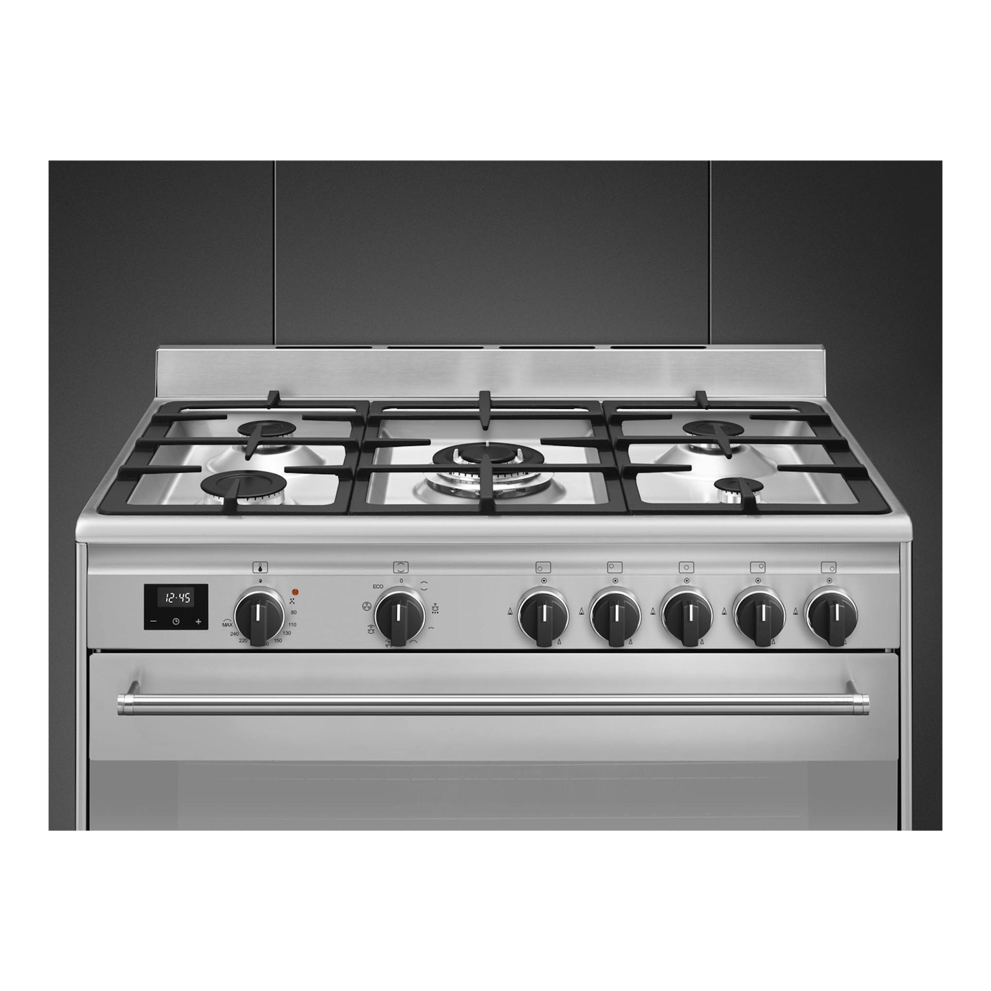 Cocina Smeg BG91X2 inox, vista frontal, con 5 quemadores de gas y horno.