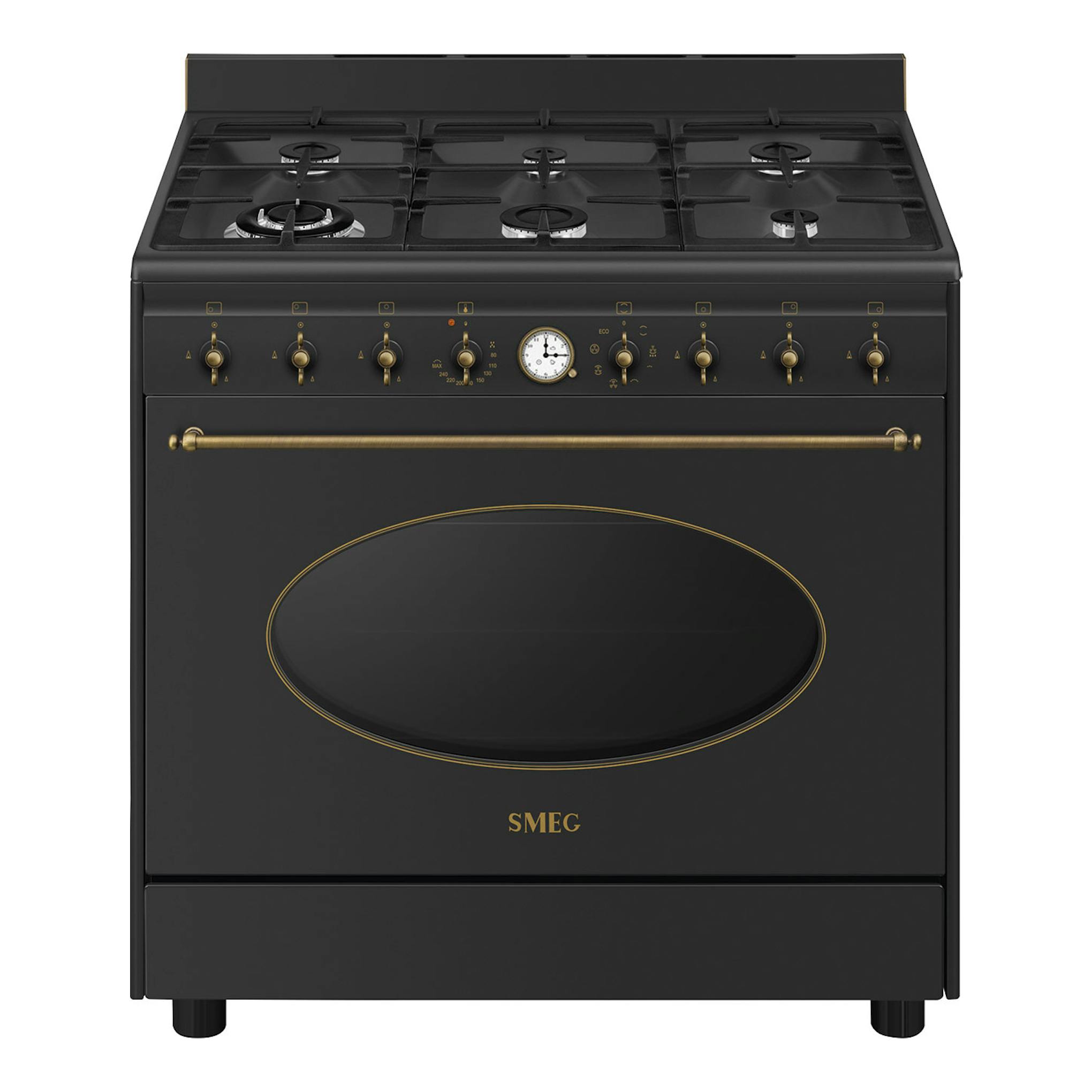 Cocina Smeg CO90GMAN2 antracita, vista frontal, con 6 fuegos a gas, mandos dorados y horno con reloj.