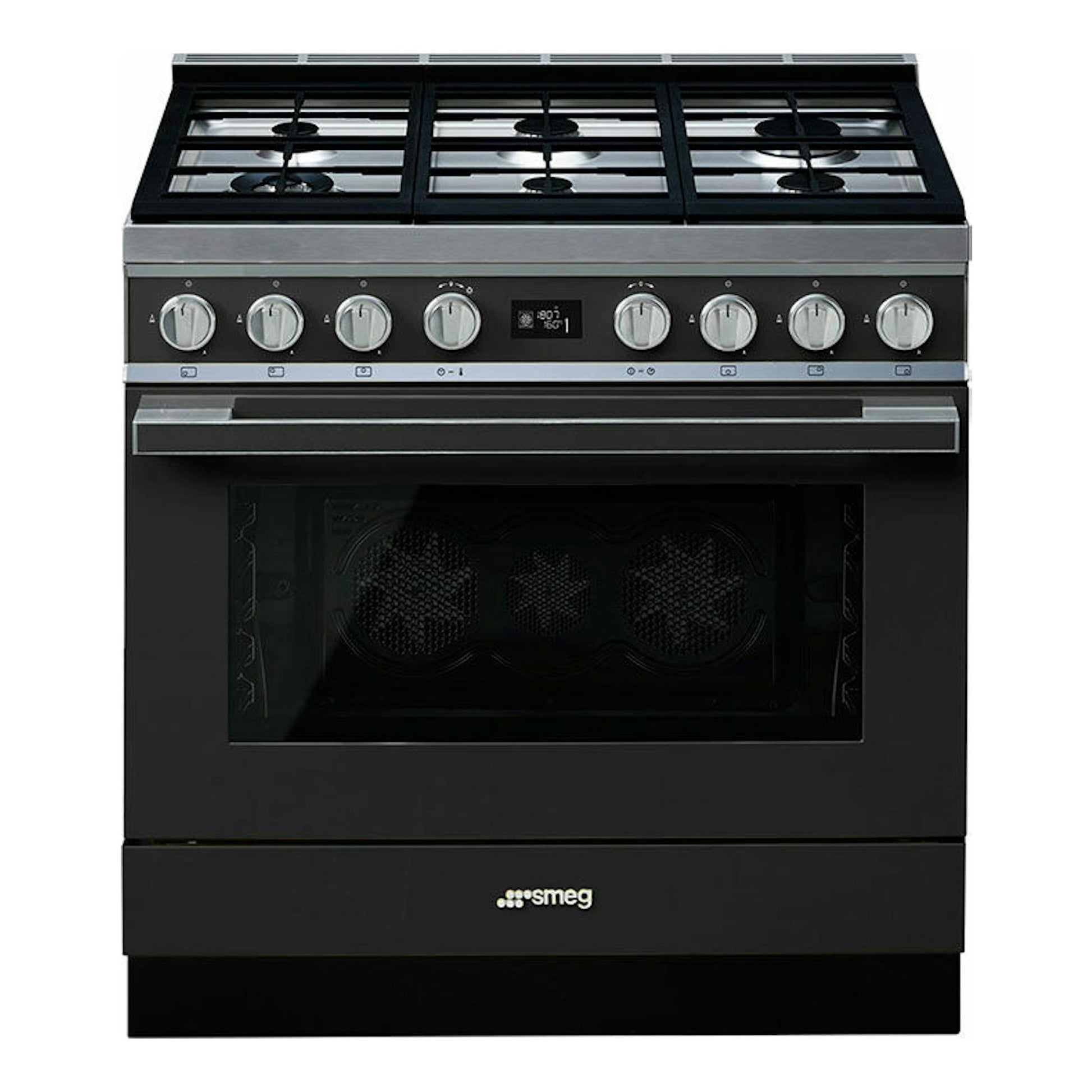 Cocina Smeg CPF9GPAN negra, vista frontal, con 6 quemadores y horno con puerta de cristal.