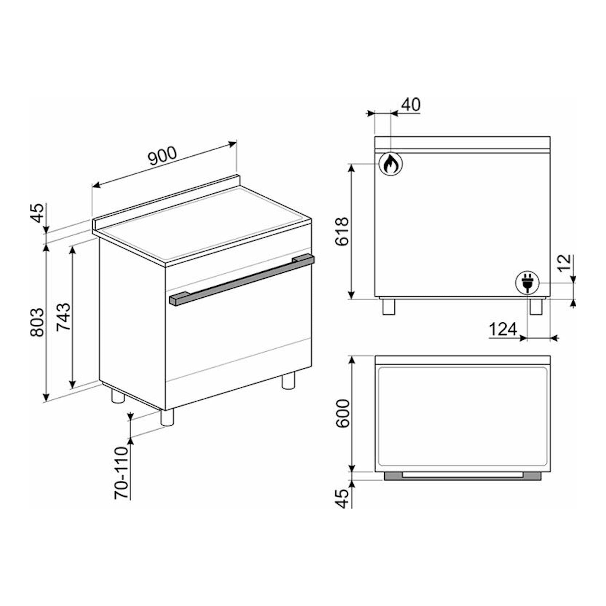 Smeg CPF9GPAN, cocina blanca de 90 cm en vista isométrica con medidas técnicas.