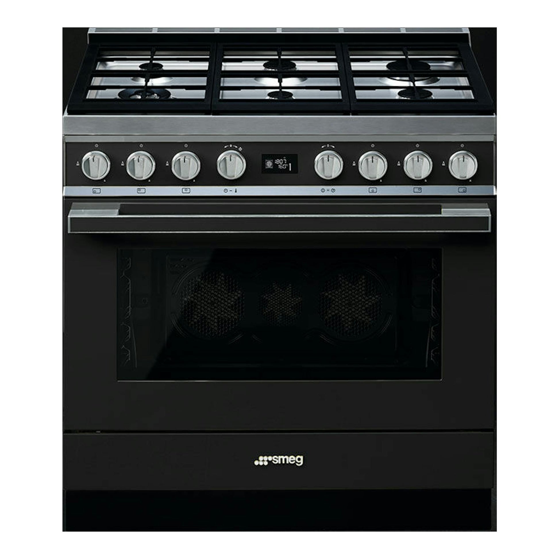 Cocina Smeg CPF9GPAN negra de 90 cm, vista frontal, con 6 mandos y encimera de gas.