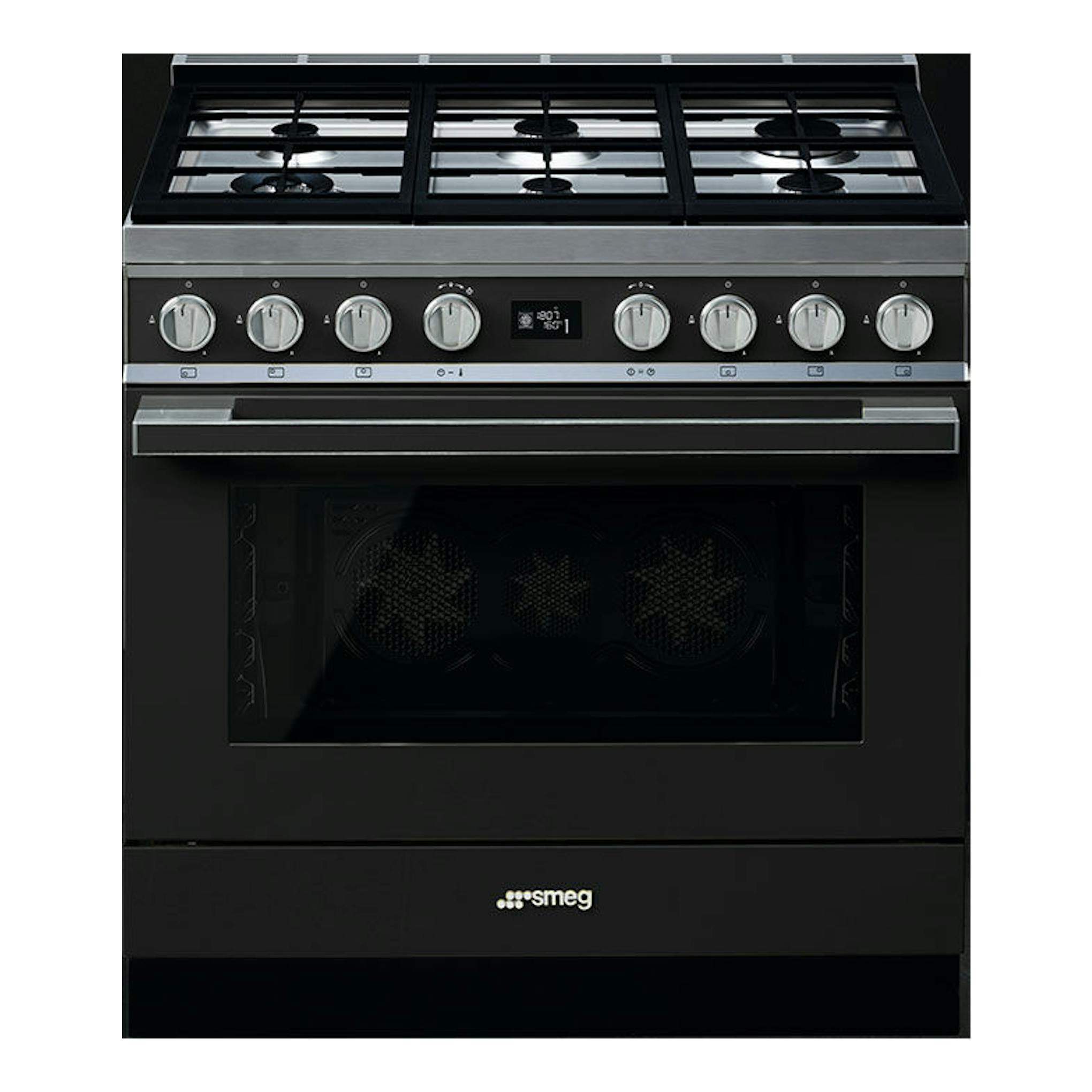 Cocina Smeg CPF9GPAN negra de 90 cm, vista frontal, con 6 mandos y encimera de gas.