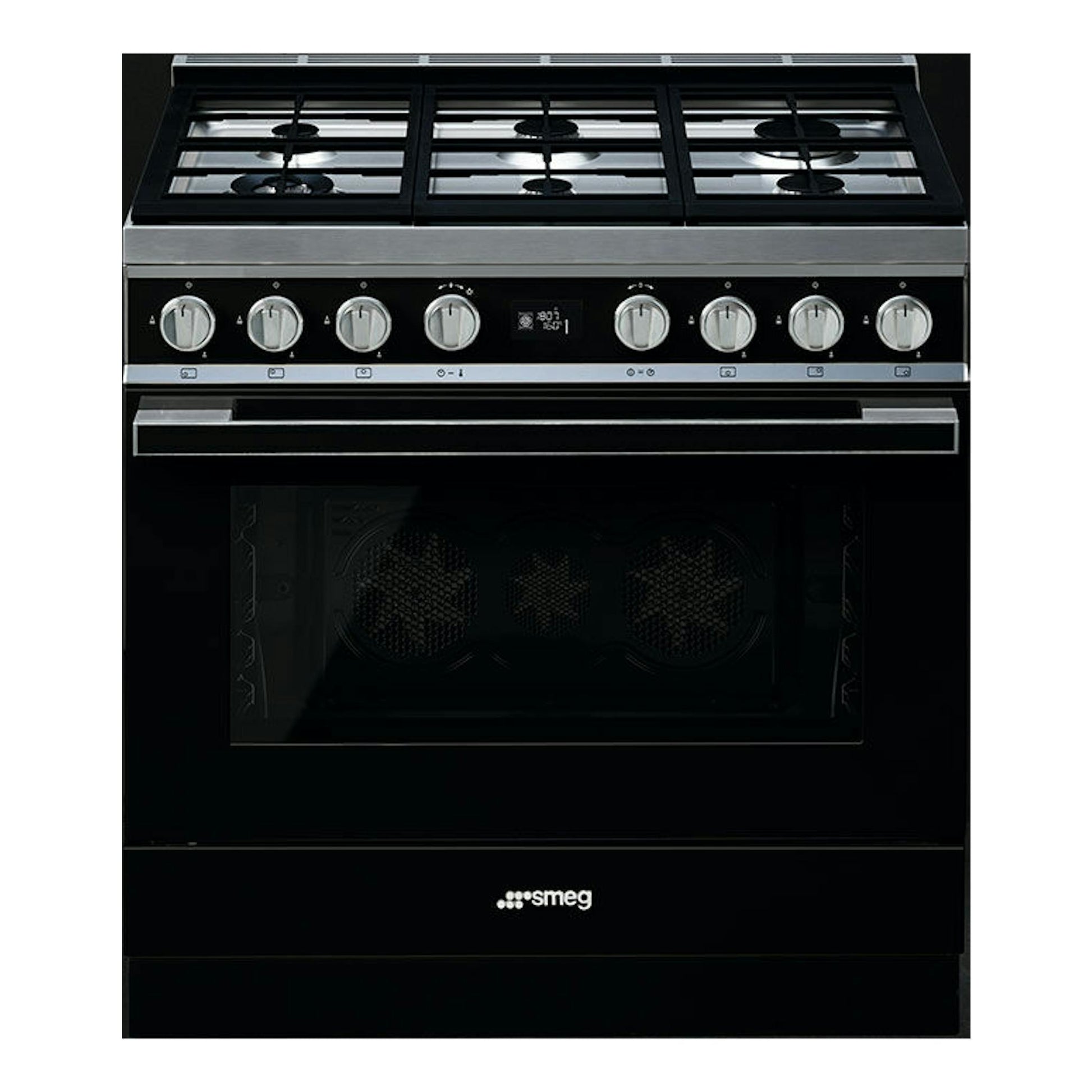 Cocina Smeg CPF9GPBL negra de 90 cm, vista frontal, con encimera de acero y mandos plateados.