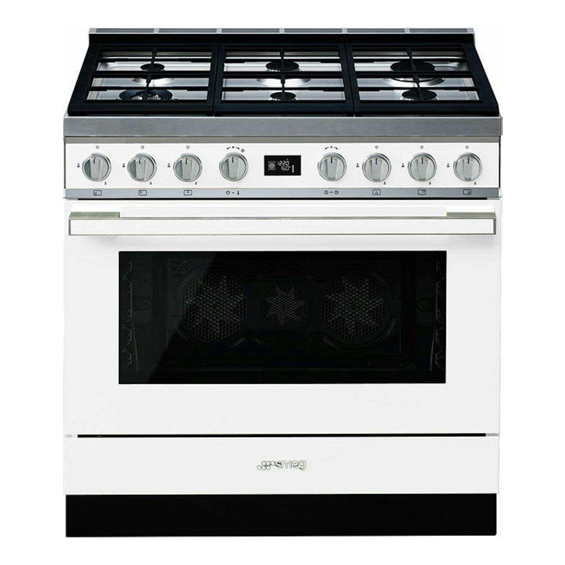 Cocina Smeg CPF9GPWH de 90 cm, vista frontal, blanca con encimera negra y mandos plateados.