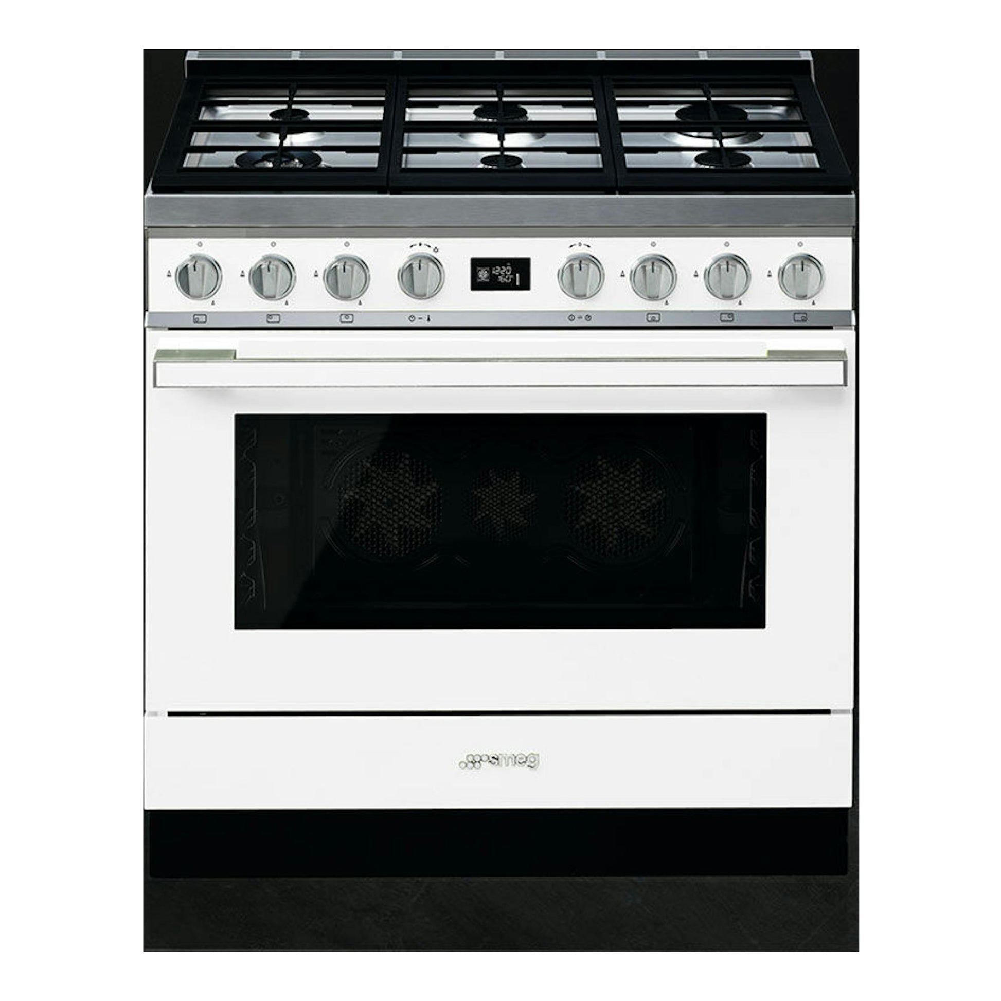 Cocina Smeg CPF9GPWH blanca de 90 cm, vista frontal, con encimera negra y mandos plateados.