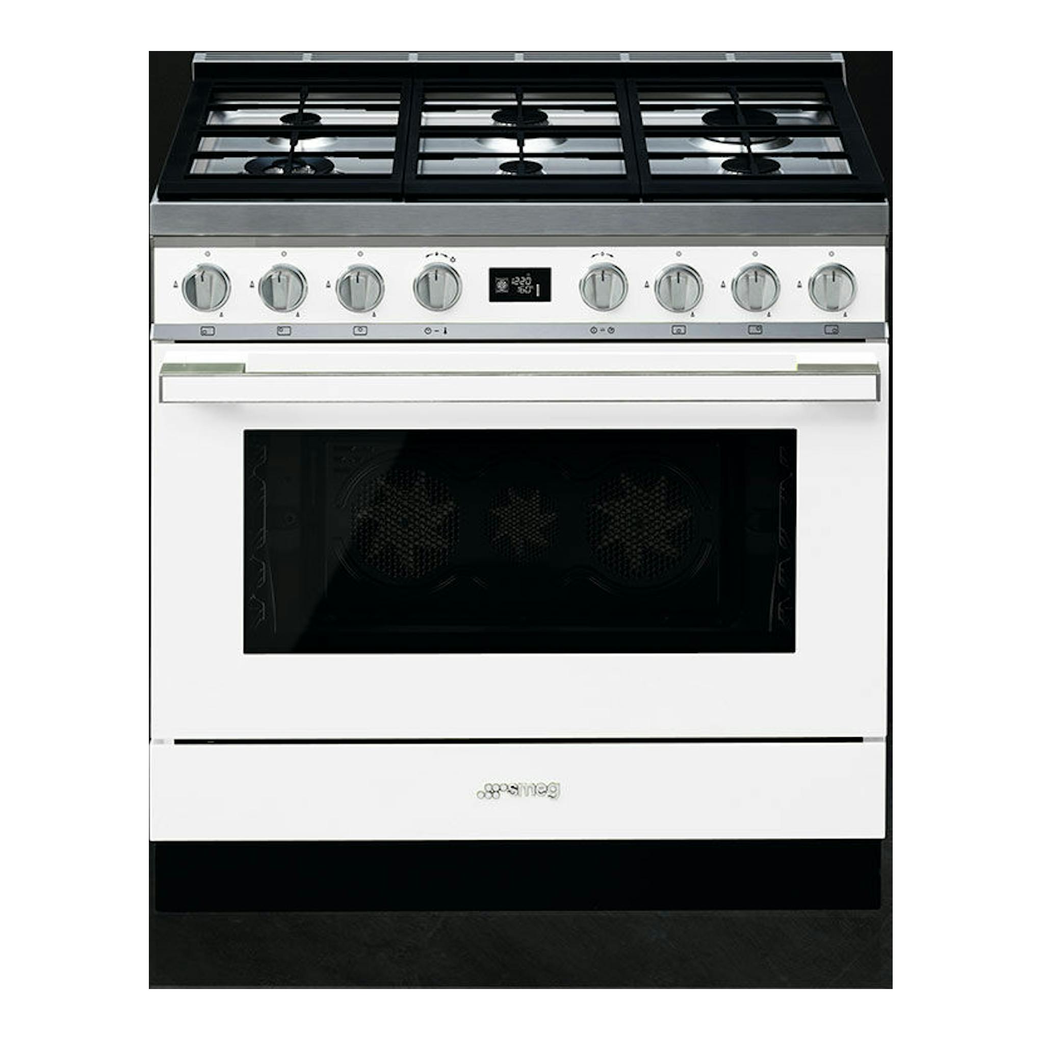 Cocina Smeg CPF9GPWH blanca de 90 cm, vista frontal, con encimera negra y mandos plateados.