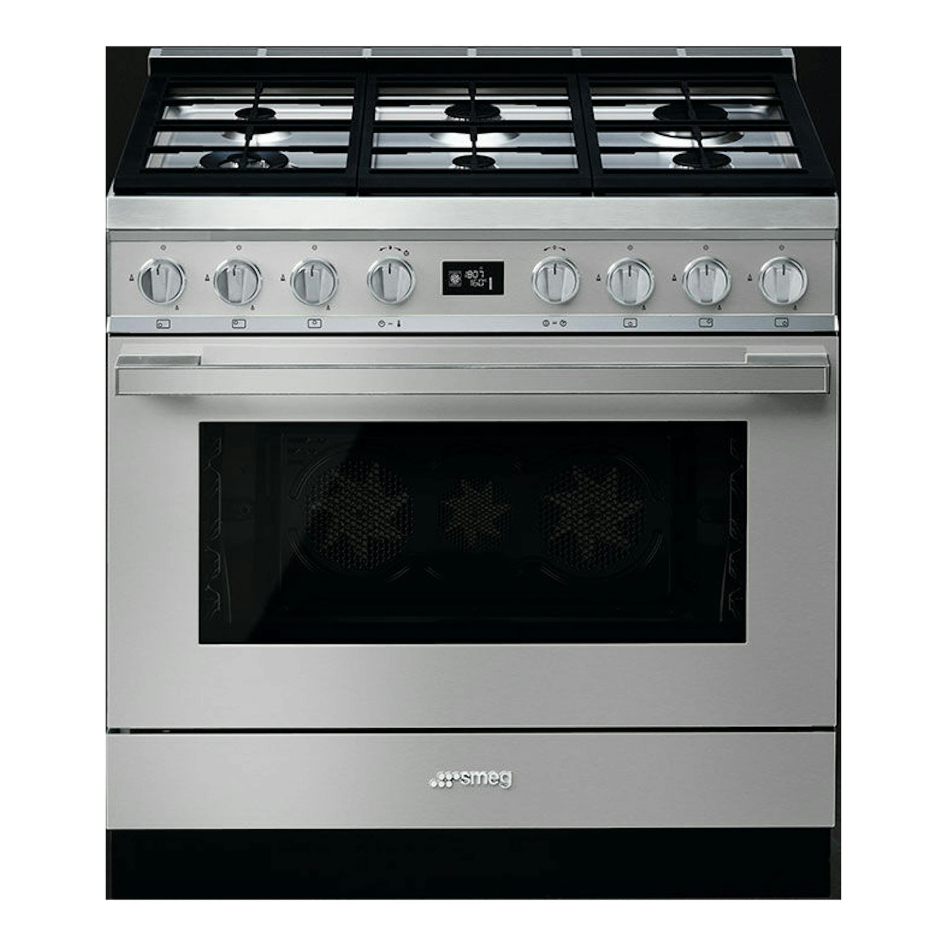 Cocina Smeg CPF9GPX de acero inoxidable, vista frontal, con 6 fuegos y horno de puerta negra.