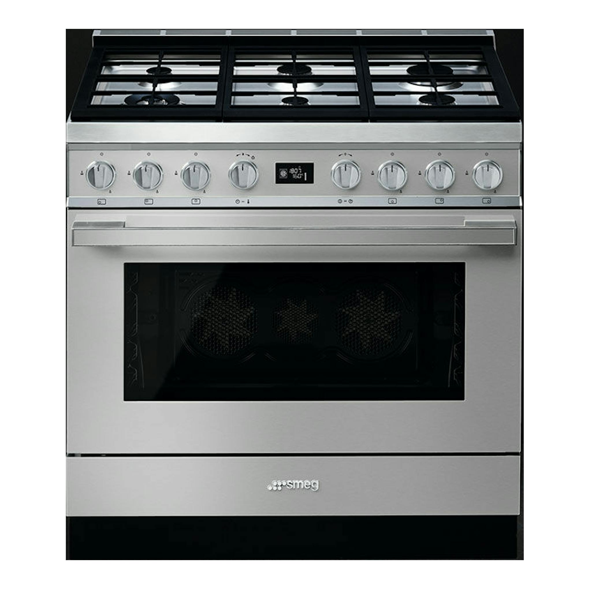 Cocina Smeg CPF9GPX de acero inoxidable, vista frontal, con 6 fuegos y horno de puerta negra.