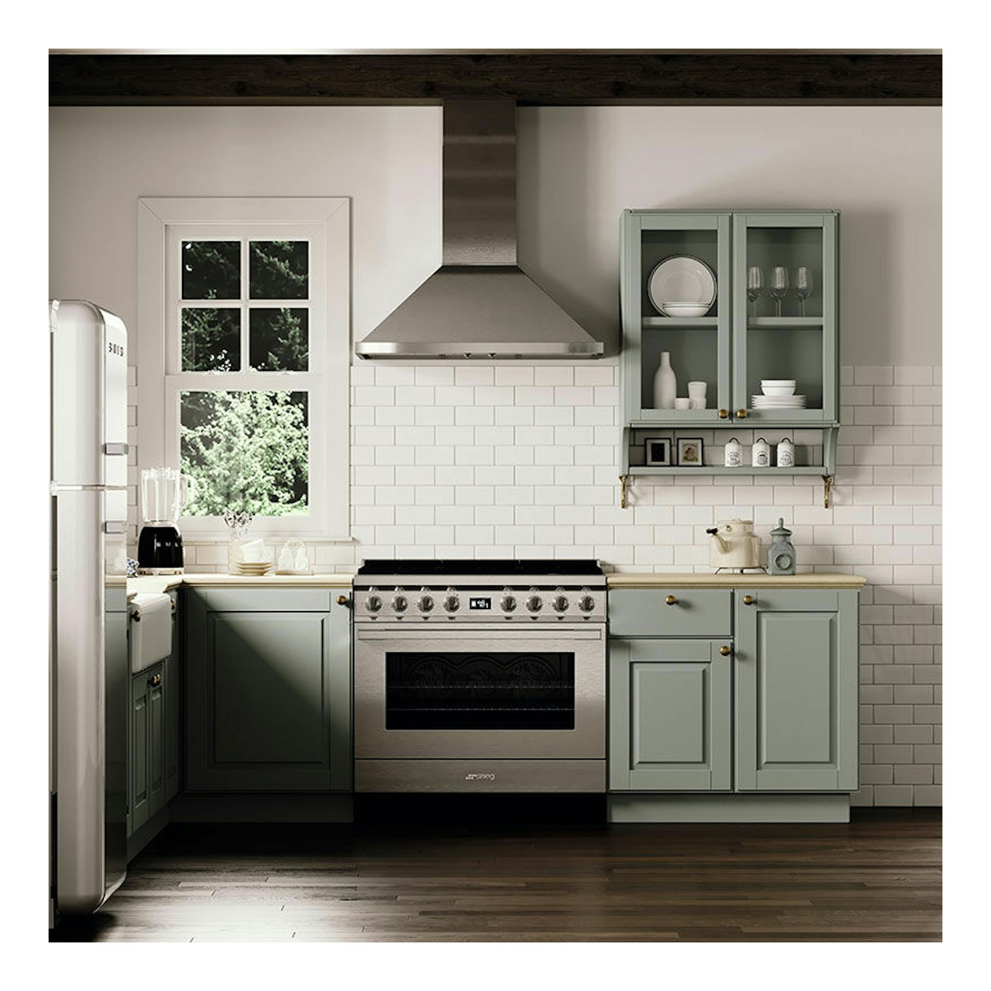 Cocina Smeg CPF9GPX de acero inoxidable, vista frontal, con horno y mandos cromados.