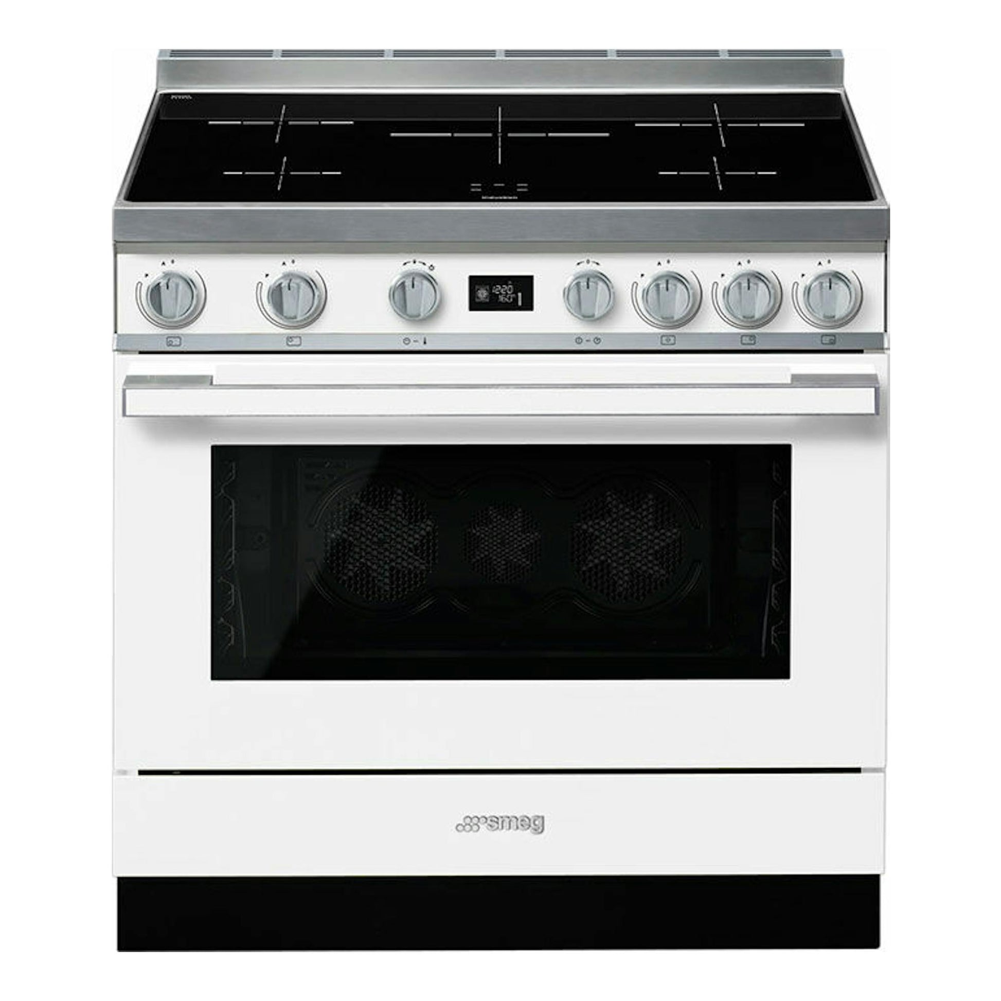 Cocina Smeg CPF9IPWH blanca, vista frontal, con placa negra y horno de puerta de vidrio.