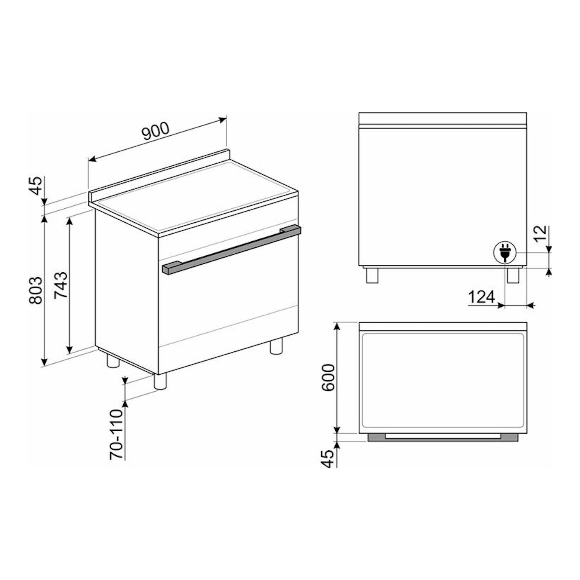 Dibujo técnico de cocina Smeg CPF9IPWH blanca de 90 cm, vistas isométrica, frontal y superior.