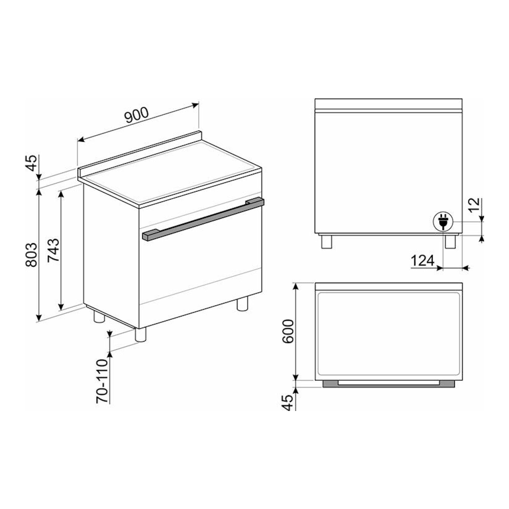 Dibujo técnico de cocina Smeg CPF9IPWH blanca de 90 cm, vistas isométrica, frontal y superior.