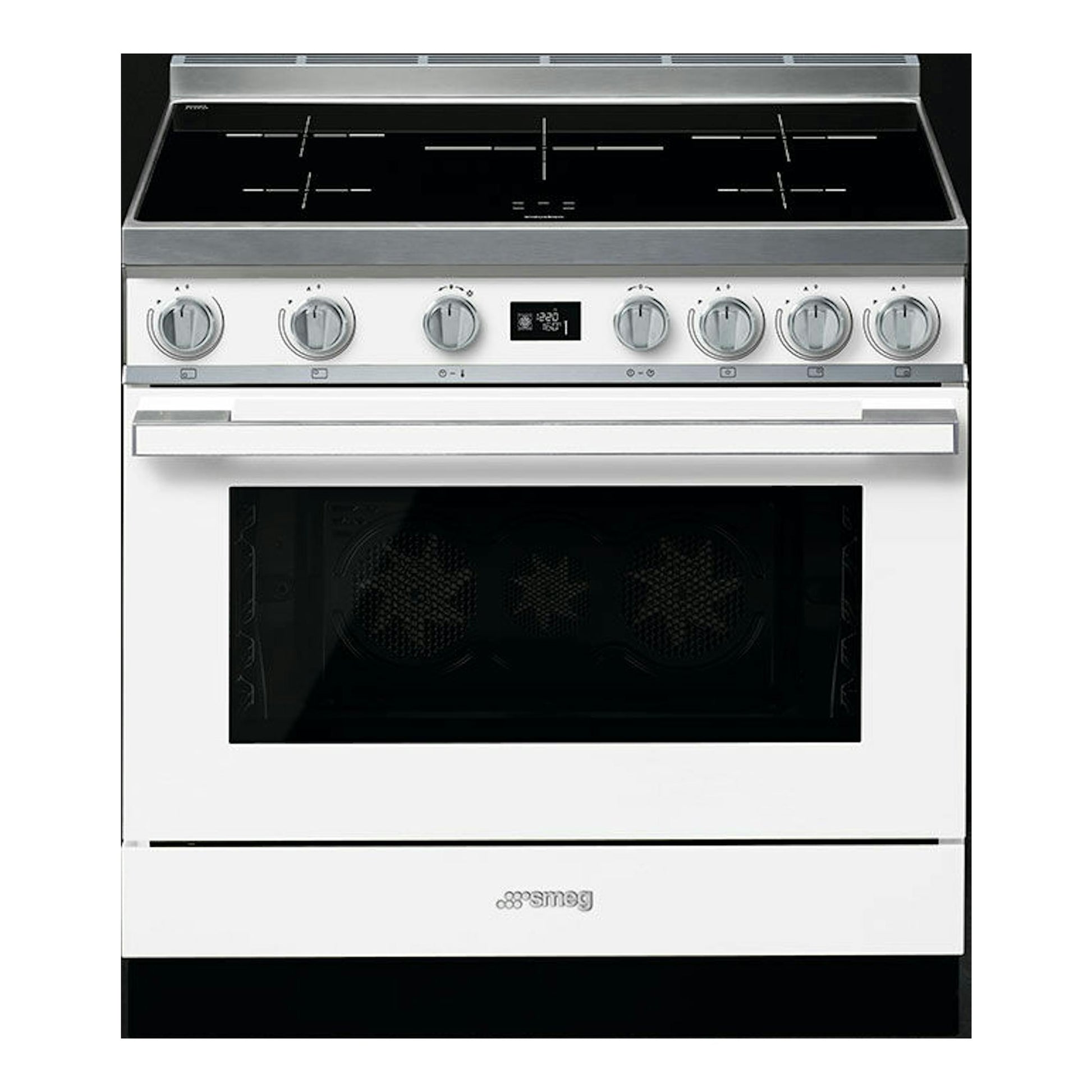SMEG CPF9IPWH: cocina blanca de 90 cm, vista frontal, con placa negra, mandos plateados y horno con puerta de cristal.