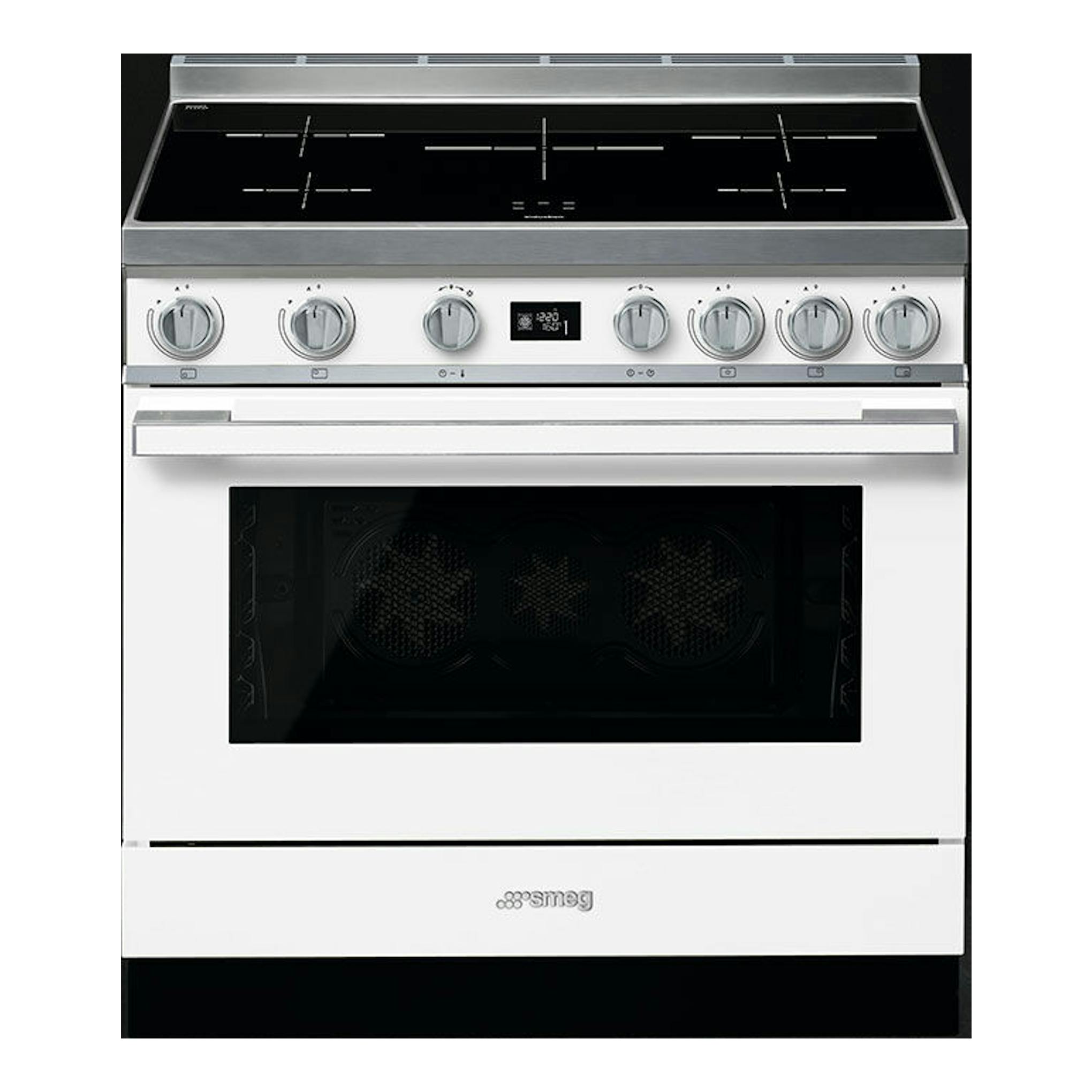 SMEG CPF9IPWH: cocina blanca de 90 cm, vista frontal, con placa negra, mandos plateados y horno con puerta de cristal.