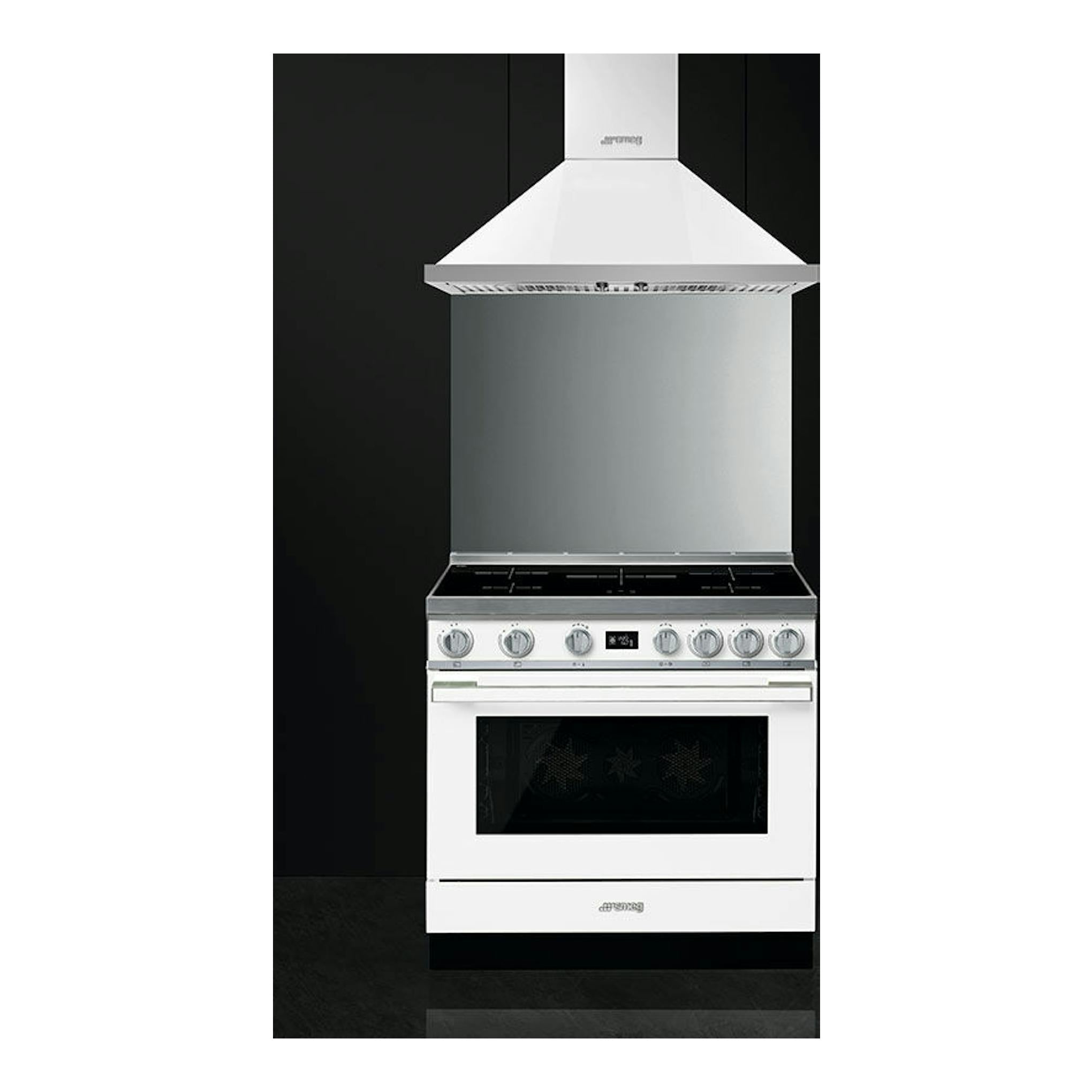 Cocina Smeg CPF9IPWH blanca de 90 cm, vista frontal, con horno, mandos metálicos y campana superior.