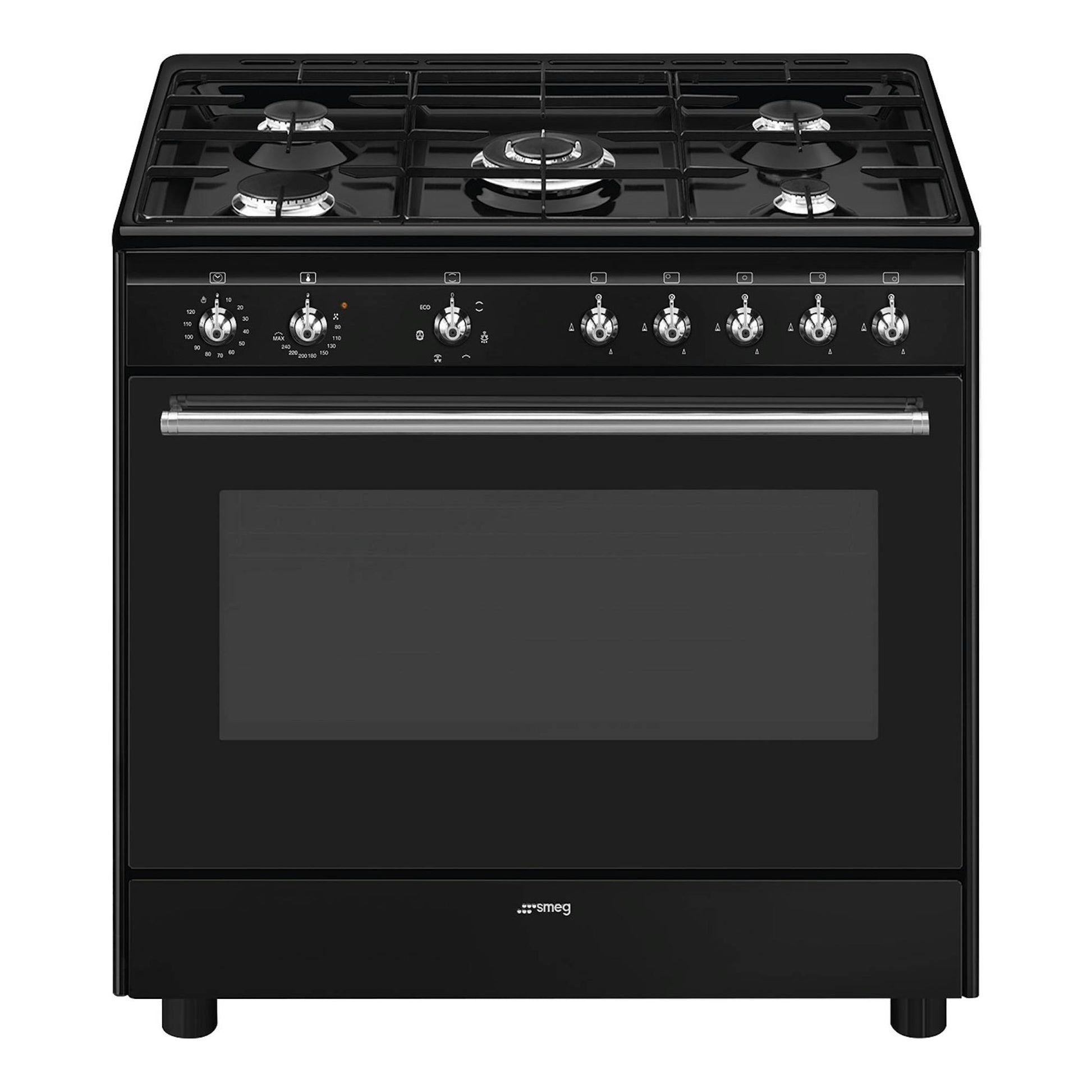 Cocina de gas Smeg CX91GMBL negra, vista frontal, con 5 fuegos y horno eléctrico.
