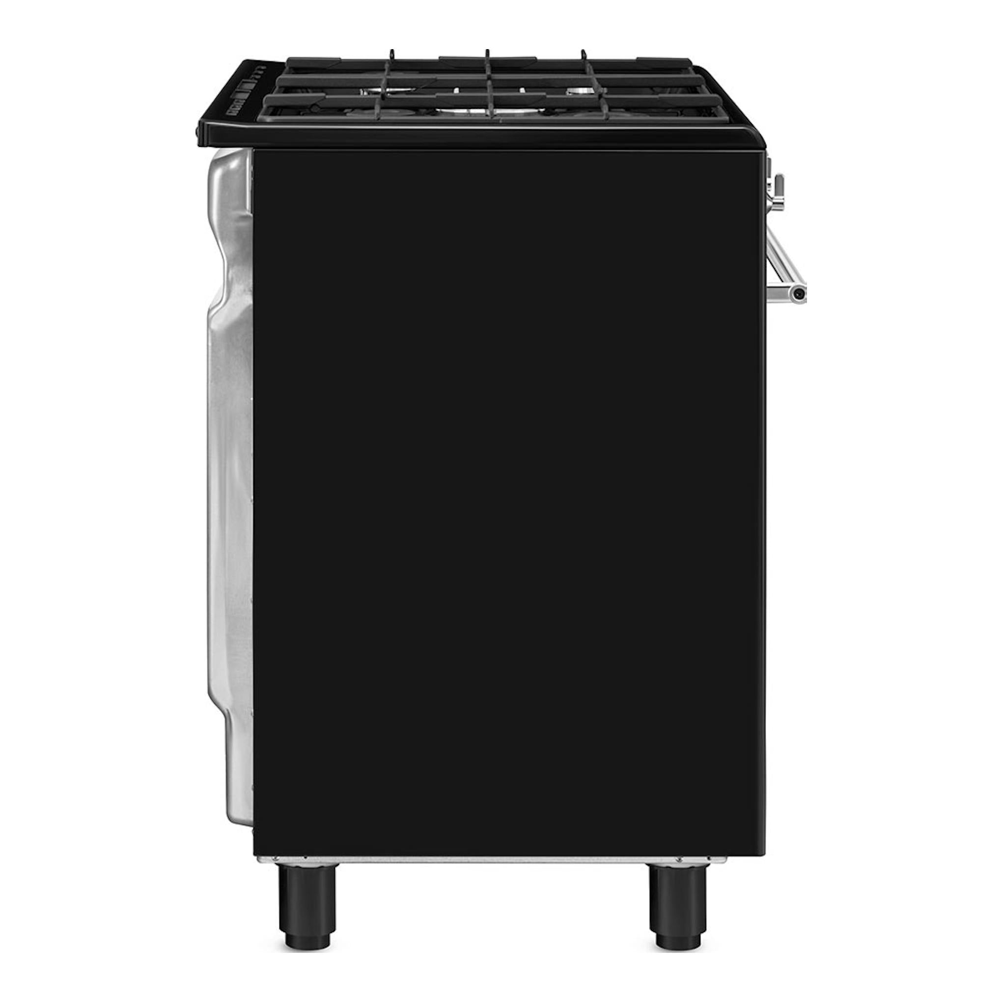 Cocina de gas Smeg CX91GMBL negra, vista lateral, con 5 fuegos y patas metálicas.