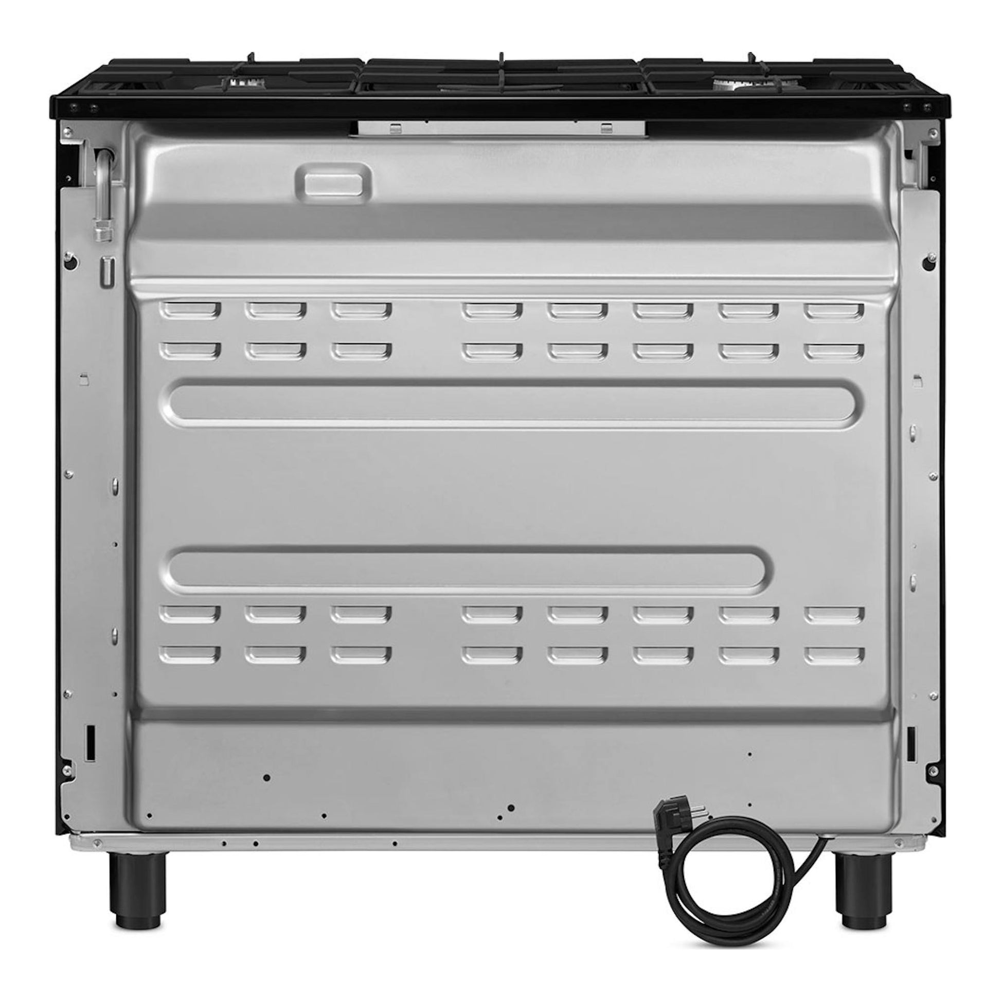 Cocina Smeg CX91GMBL vista trasera, negra y plateada, con cable de alimentación visible.