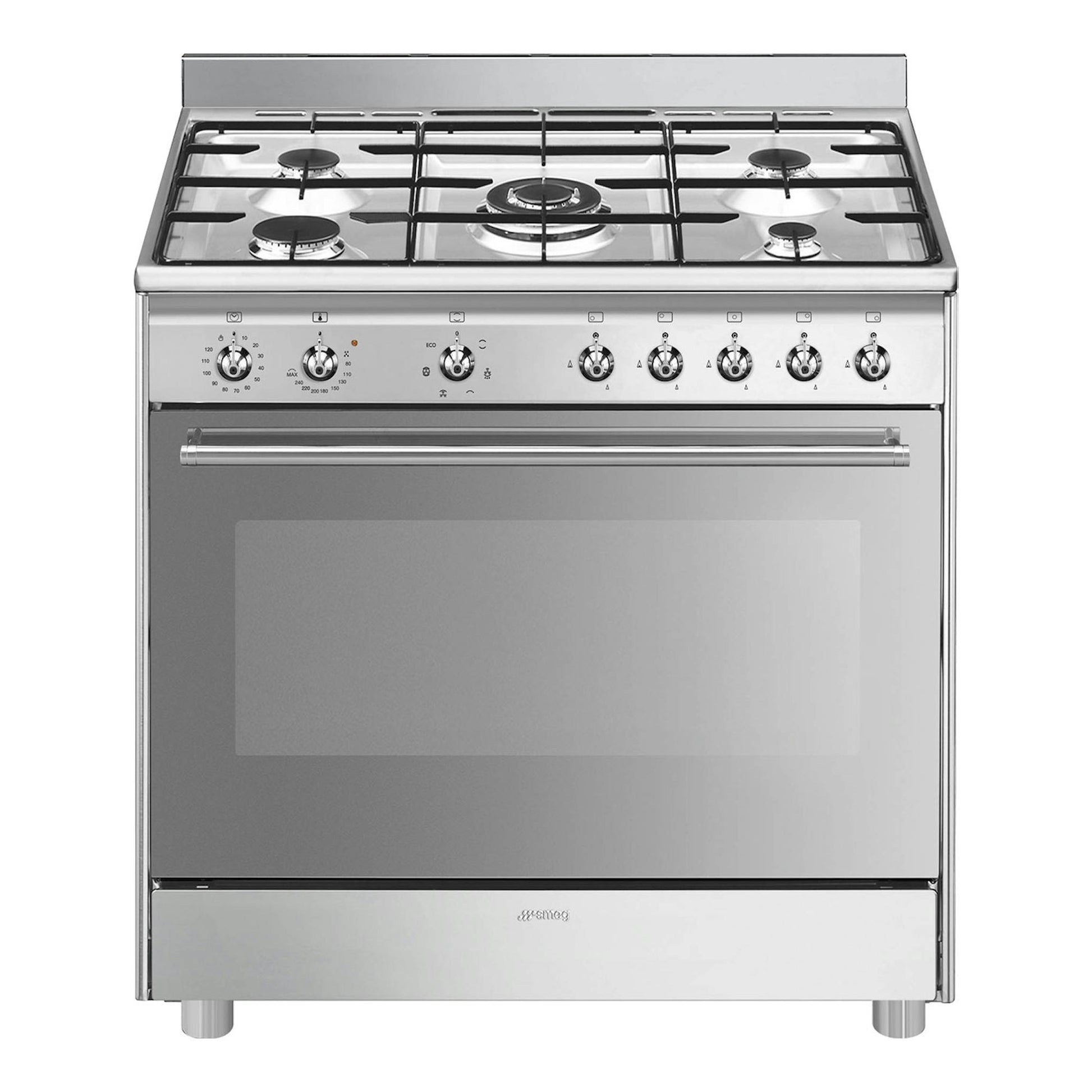 Cocina de gas Smeg SX91GM de acero inoxidable, vista frontal, con 5 fuegos y horno.
