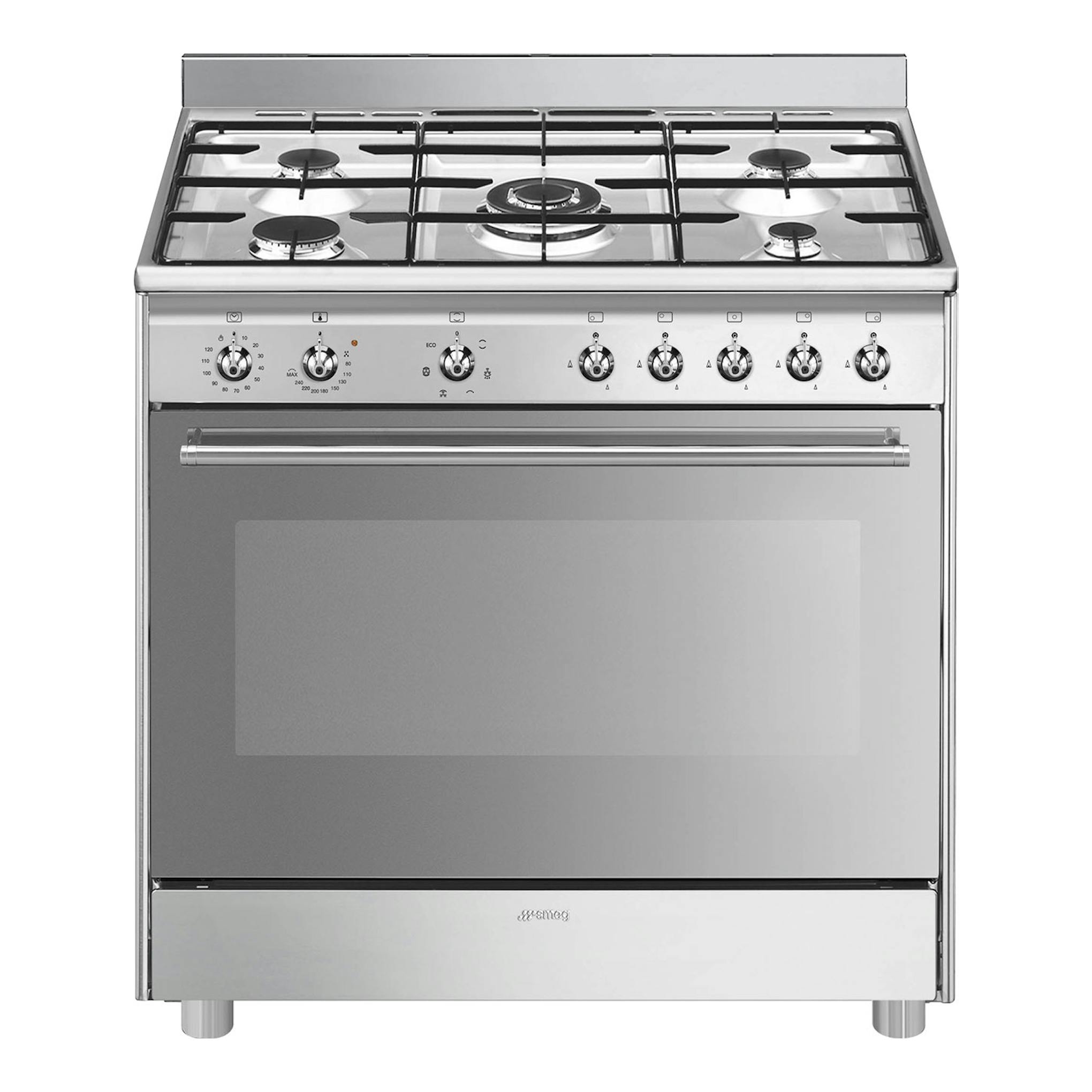 Cocina de gas Smeg SX91GM de acero inoxidable, vista frontal, con 5 fuegos y horno.