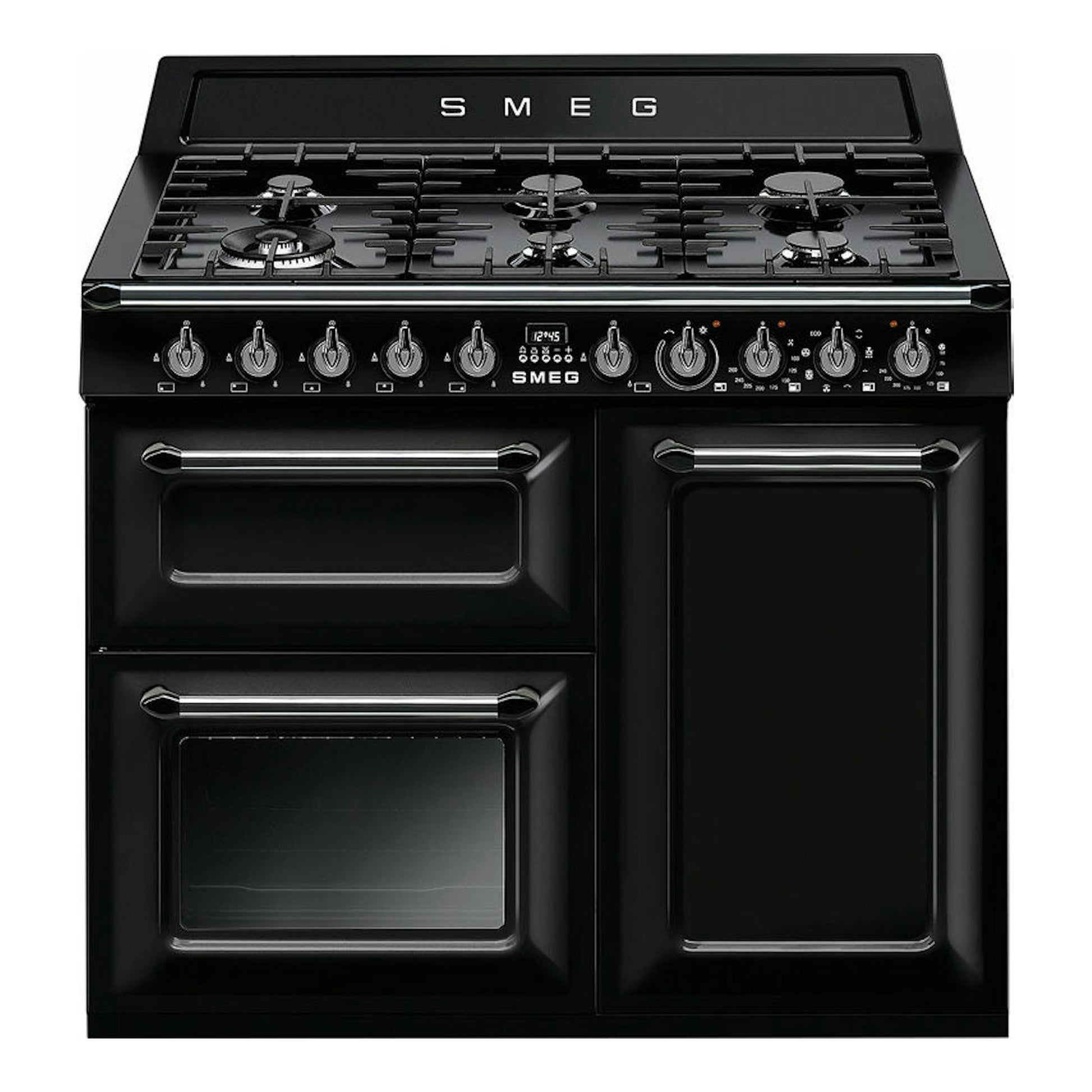 Cocina Smeg TR103BL negra, vista frontal, con encimera de gas y tres hornos.