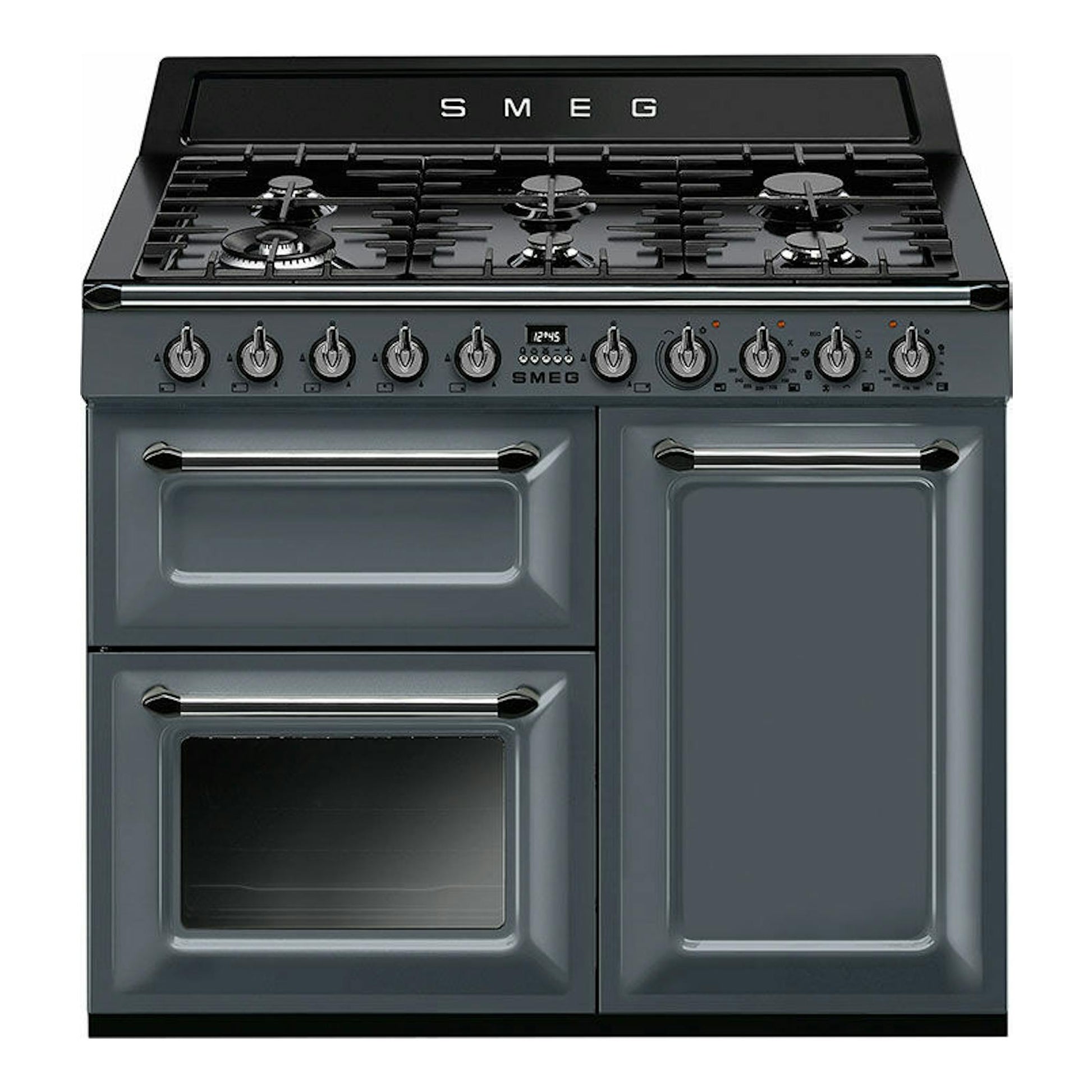 Cocina Smeg TR103GR gris y negra, vista frontal, con cuatro fuegos, horno y panel de mandos.