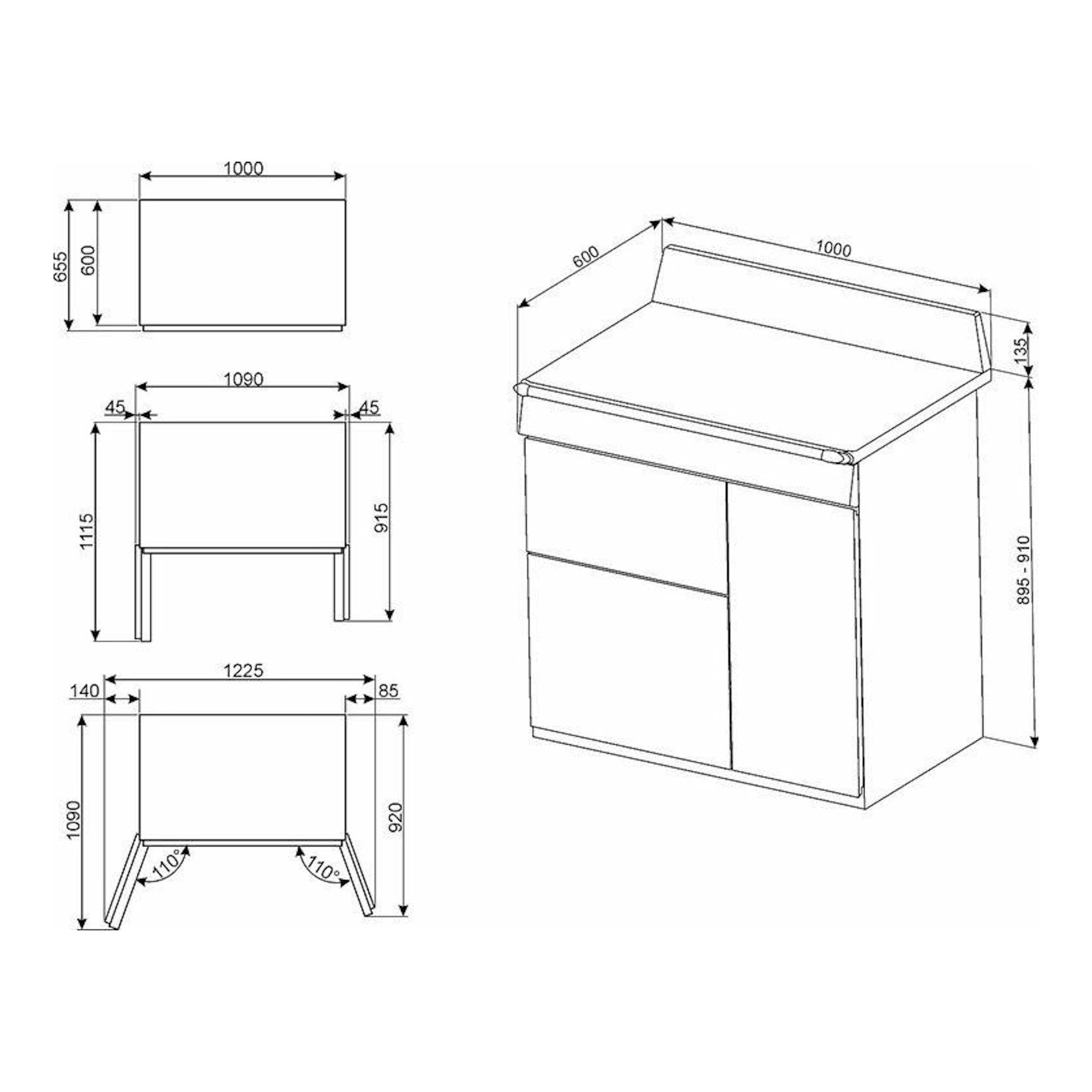 Plano técnico de cocina Smeg TR103GR gris de 100 cm, con vistas frontal, lateral y perspectiva.