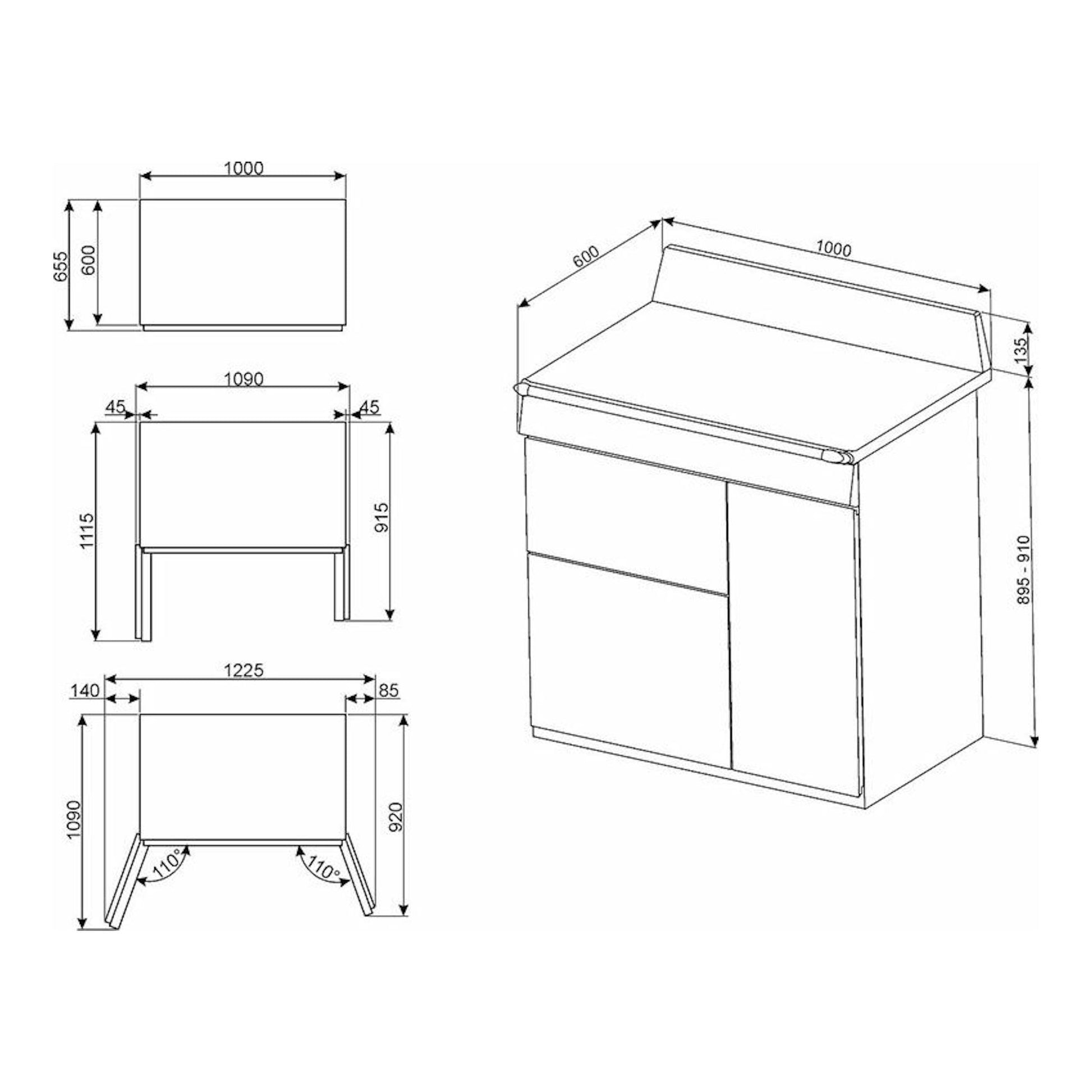Plano técnico de la cocina Smeg TR103P de 100 cm, con vistas frontal, lateral e isométrica en blanco y negro.