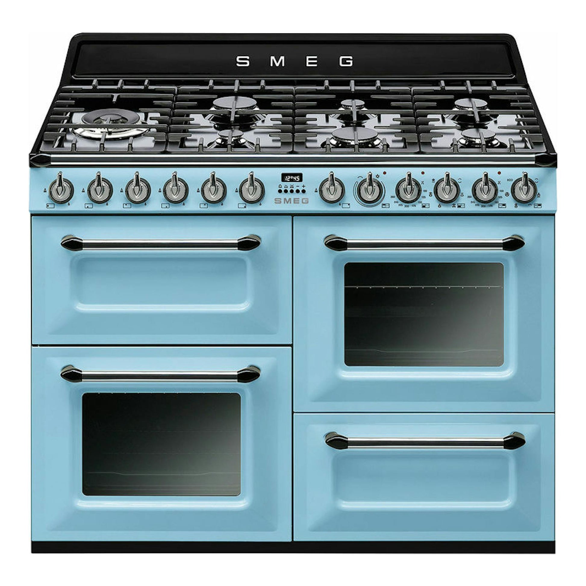 Cocina Smeg TR4110AZ azul celeste, vista frontal, con encimera negra y cuatro puertas.