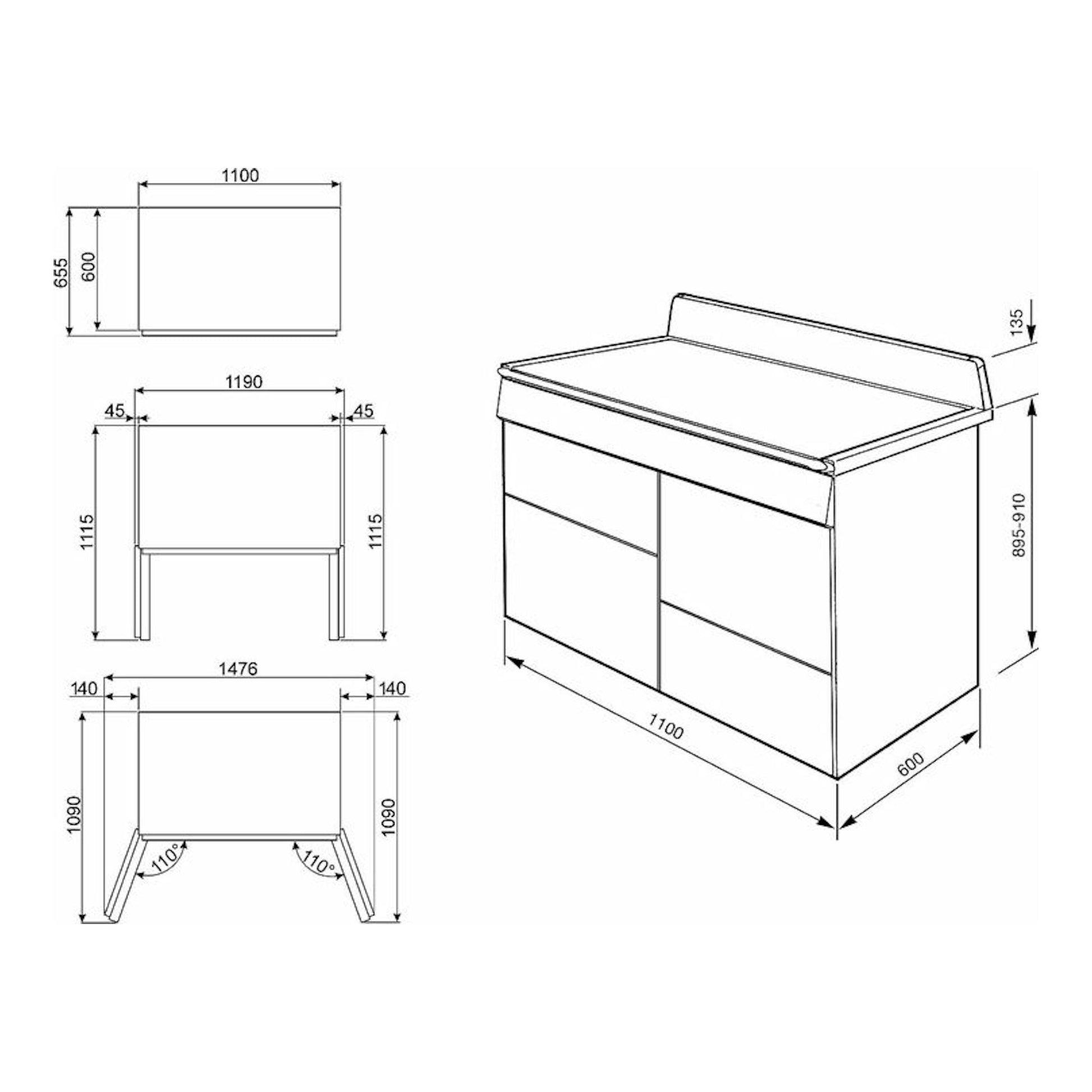 Esquema técnico de cocina Smeg TR4110AZ, vista isométrica con medidas y dimensiones.