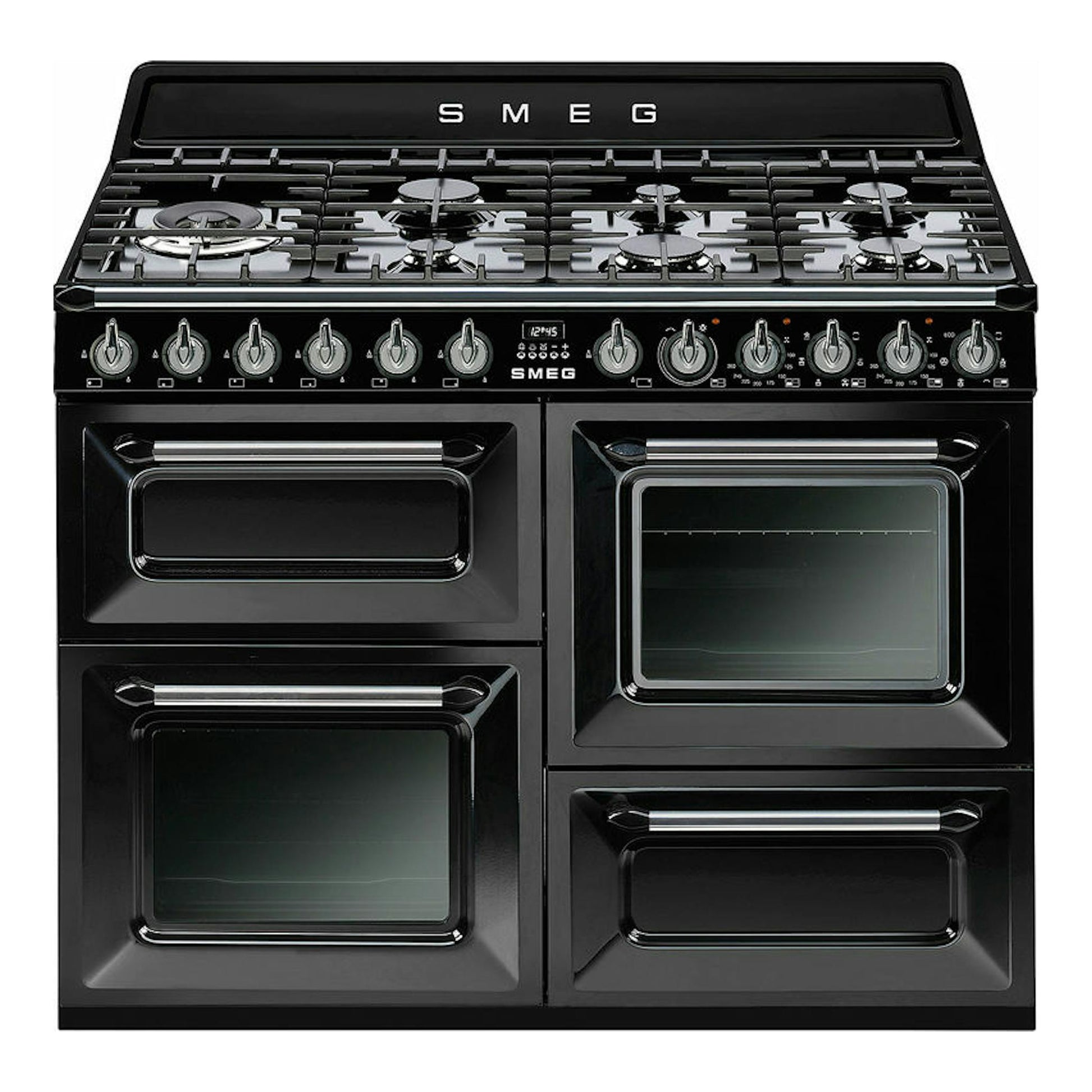 Cocina Smeg TR4110BL1 negra, vista frontal, con 5 quemadores y cuatro hornos.