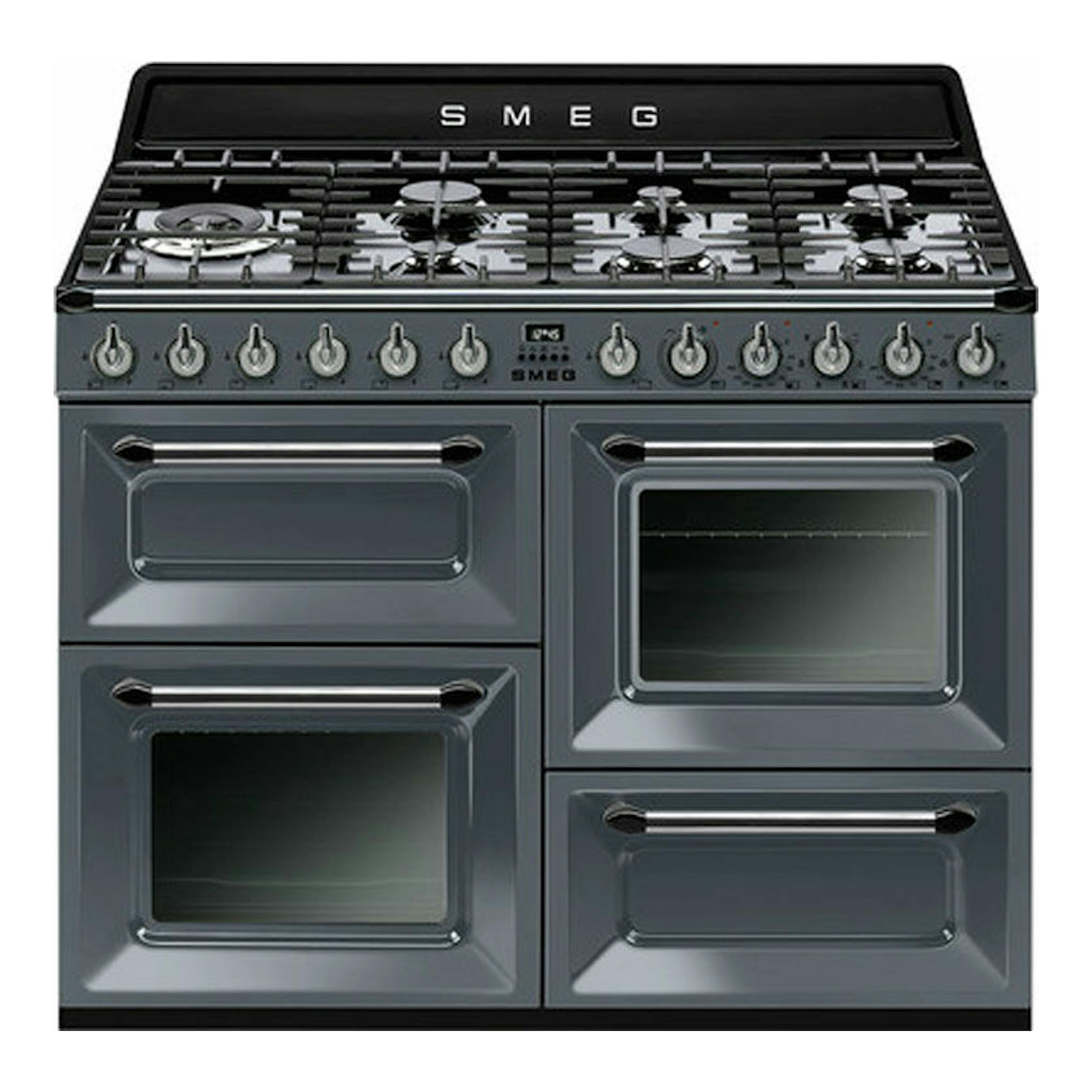Cocina Smeg TR4110GR gris antracita, vista frontal, con cuatro hornos y placa de gas superior.