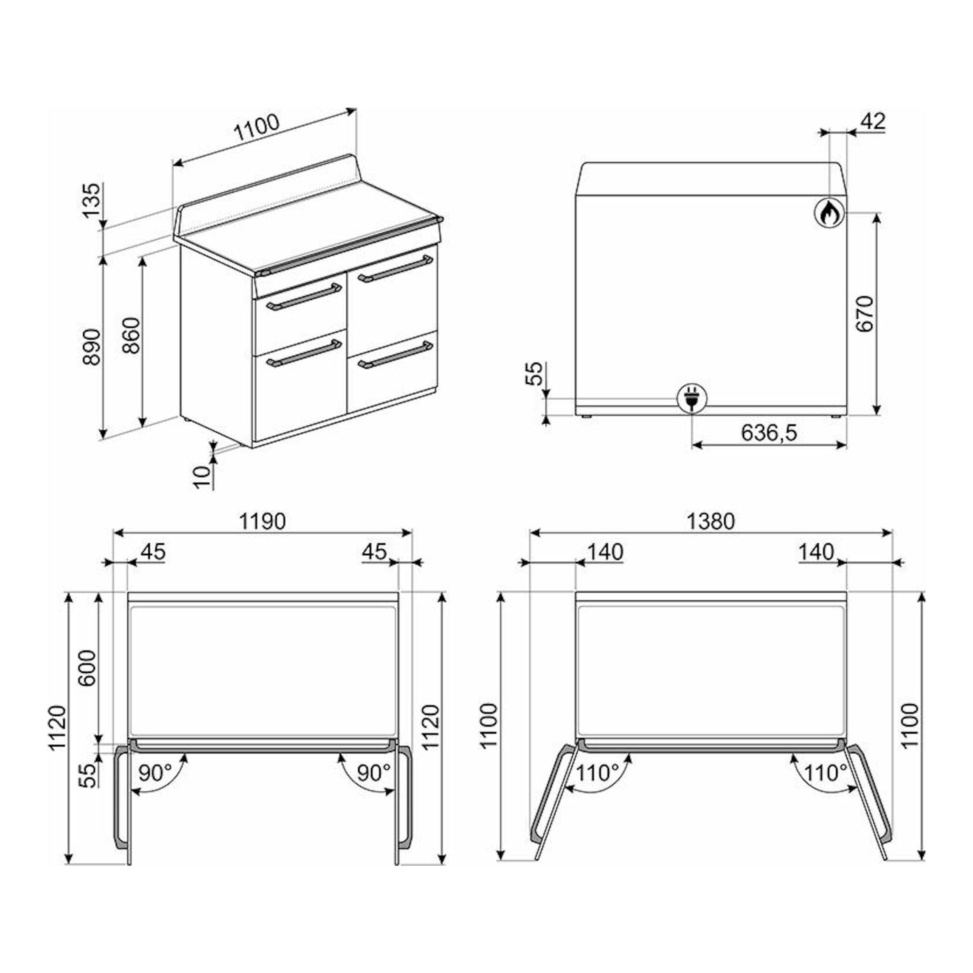 Plano técnico de cocina Smeg TR4110GR con vistas isométrica, frontal y lateral, y cotas.