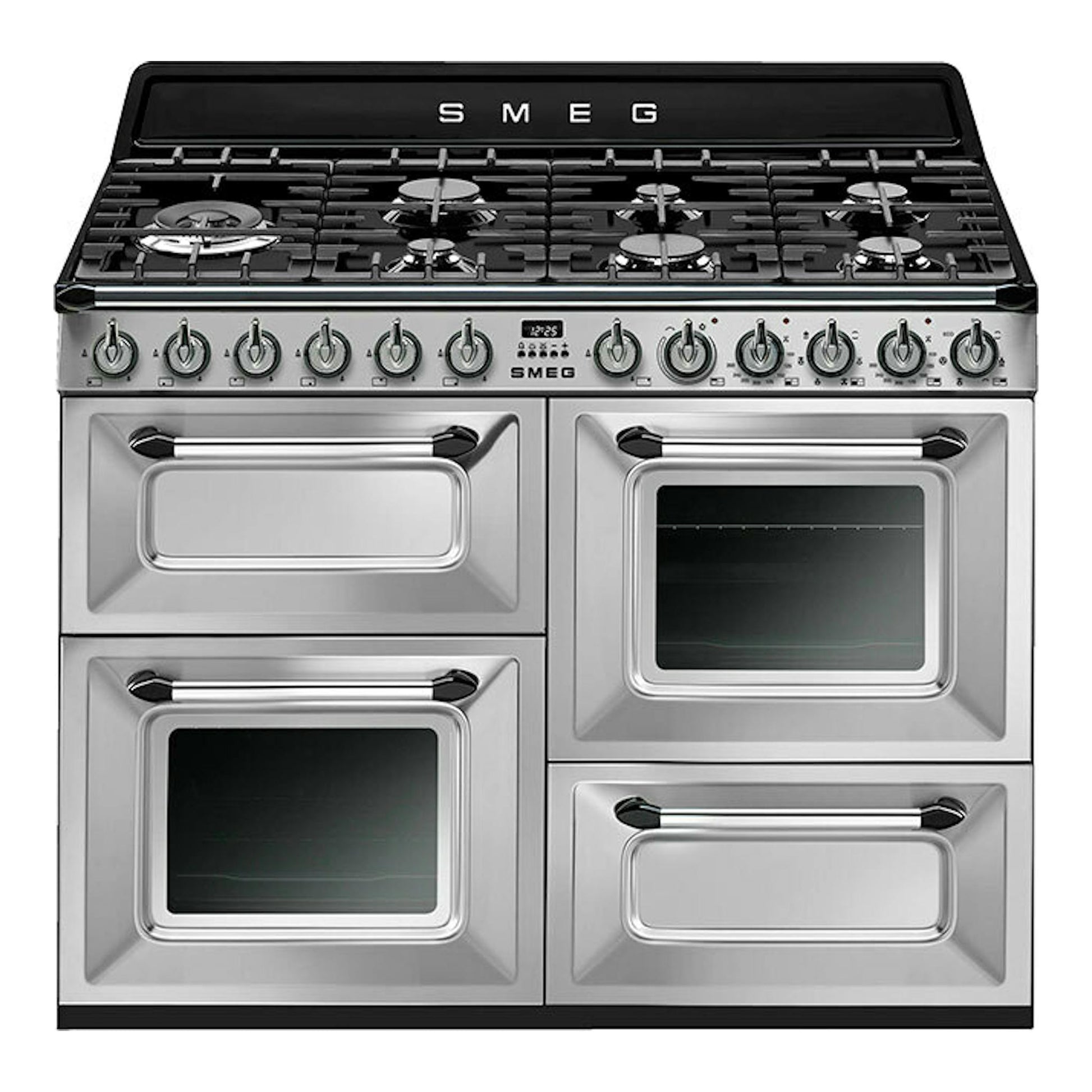 SMEG TR4110X-1, cocina de acero inoxidable de 110 cm con encimera negra y cuatro hornos, vista frontal.